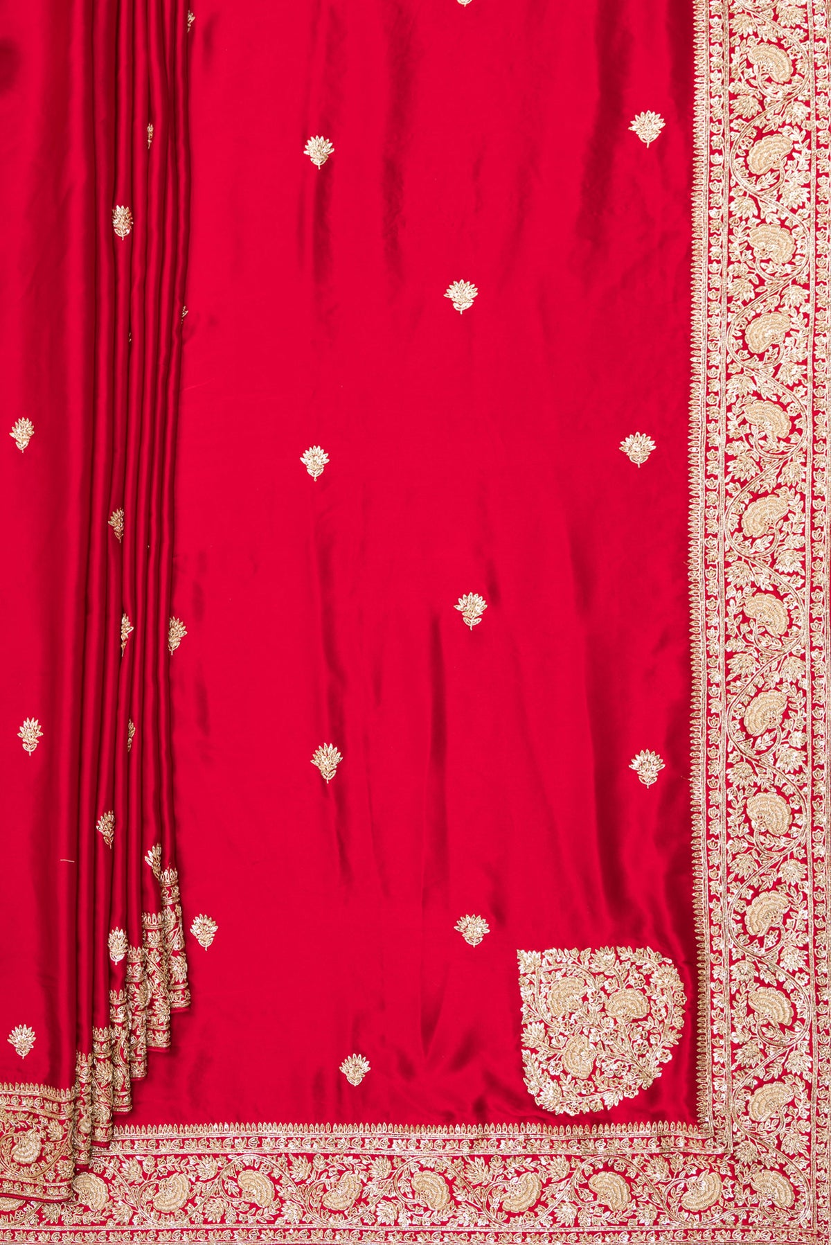 Pleats and pallu of Red Satin Saree with Embroidered on the body and Sequin Border. 