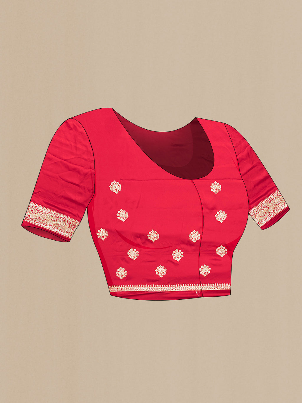 Close up image of the blouse of Red Satin Saree with Embroidered on the body and Sequin Border. 