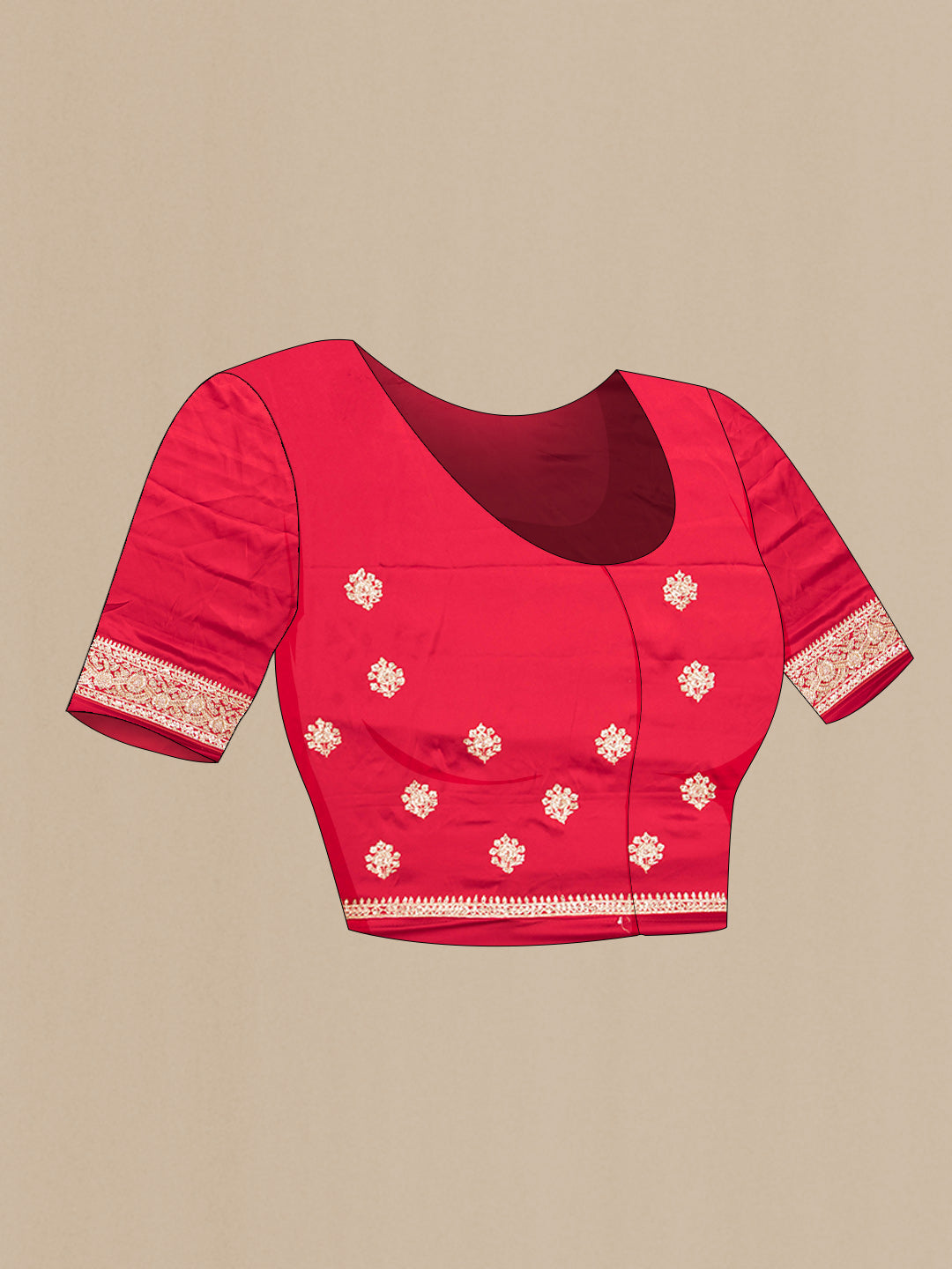 Close up image of the blouse of Red Satin Saree with Embroidered on the body and Sequin Border. 