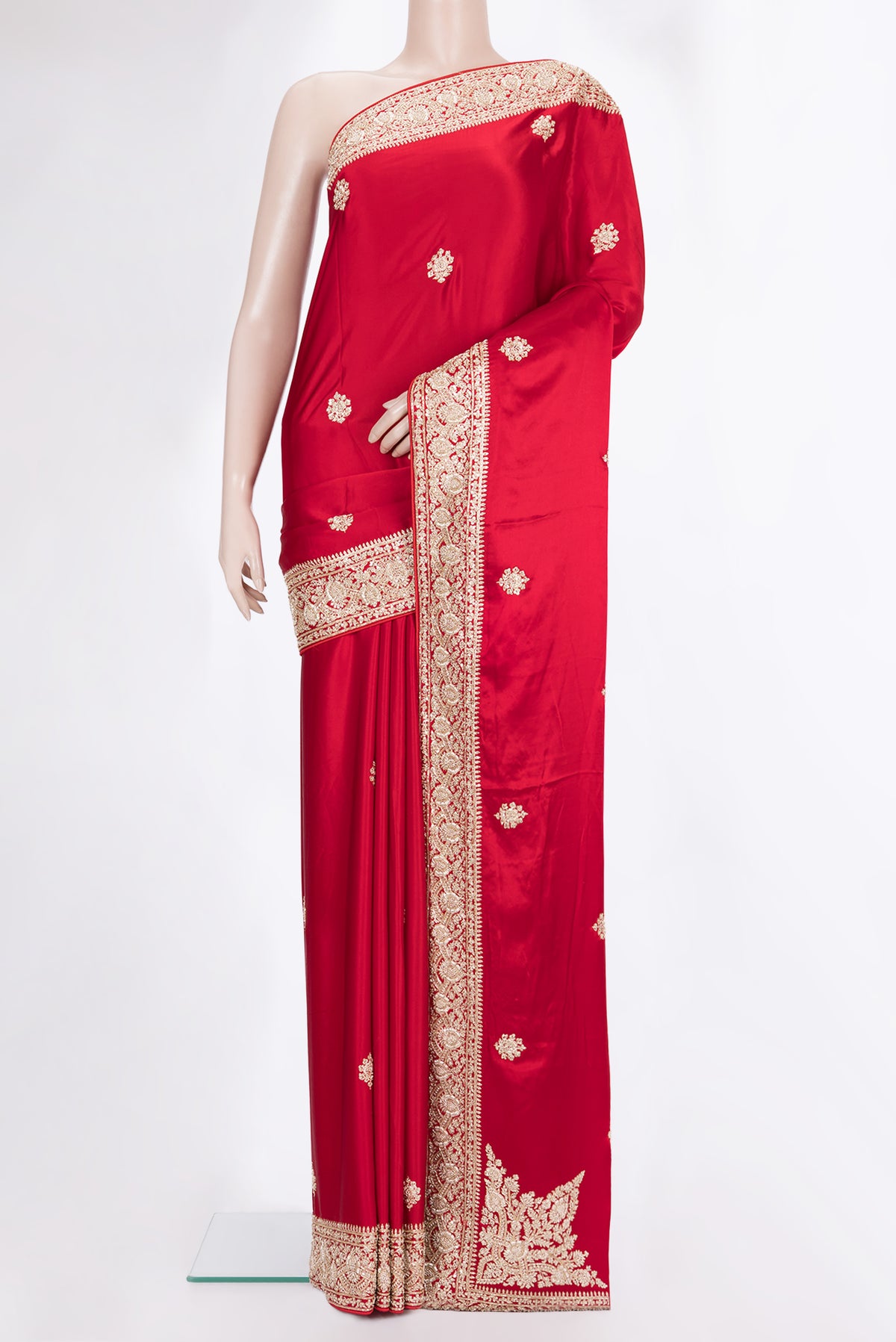 Red Satin Saree with Embroidered on the body and Sequin Border.  displayed on a mannequin