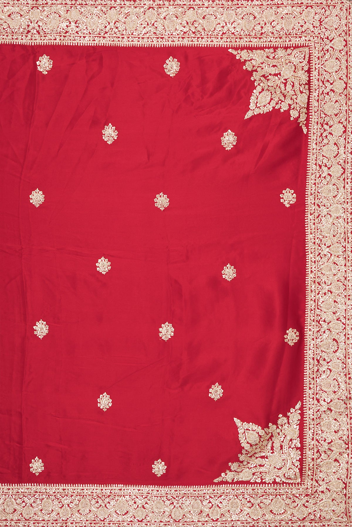 Close up image of the pallu of Red Satin Saree with Embroidered on the body and Sequin Border. 