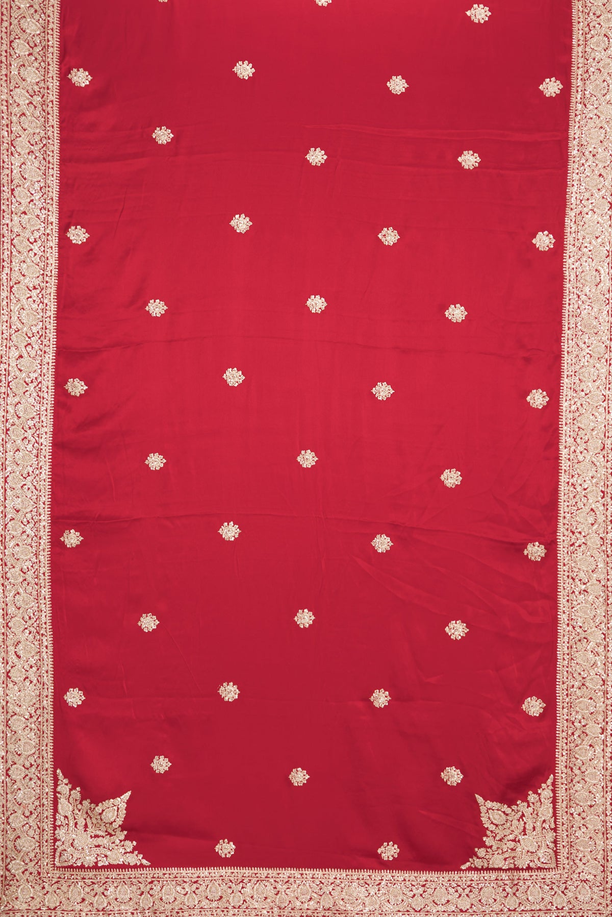 Flat view of Red Satin Saree with Embroidered on the body and Sequin Border. 
