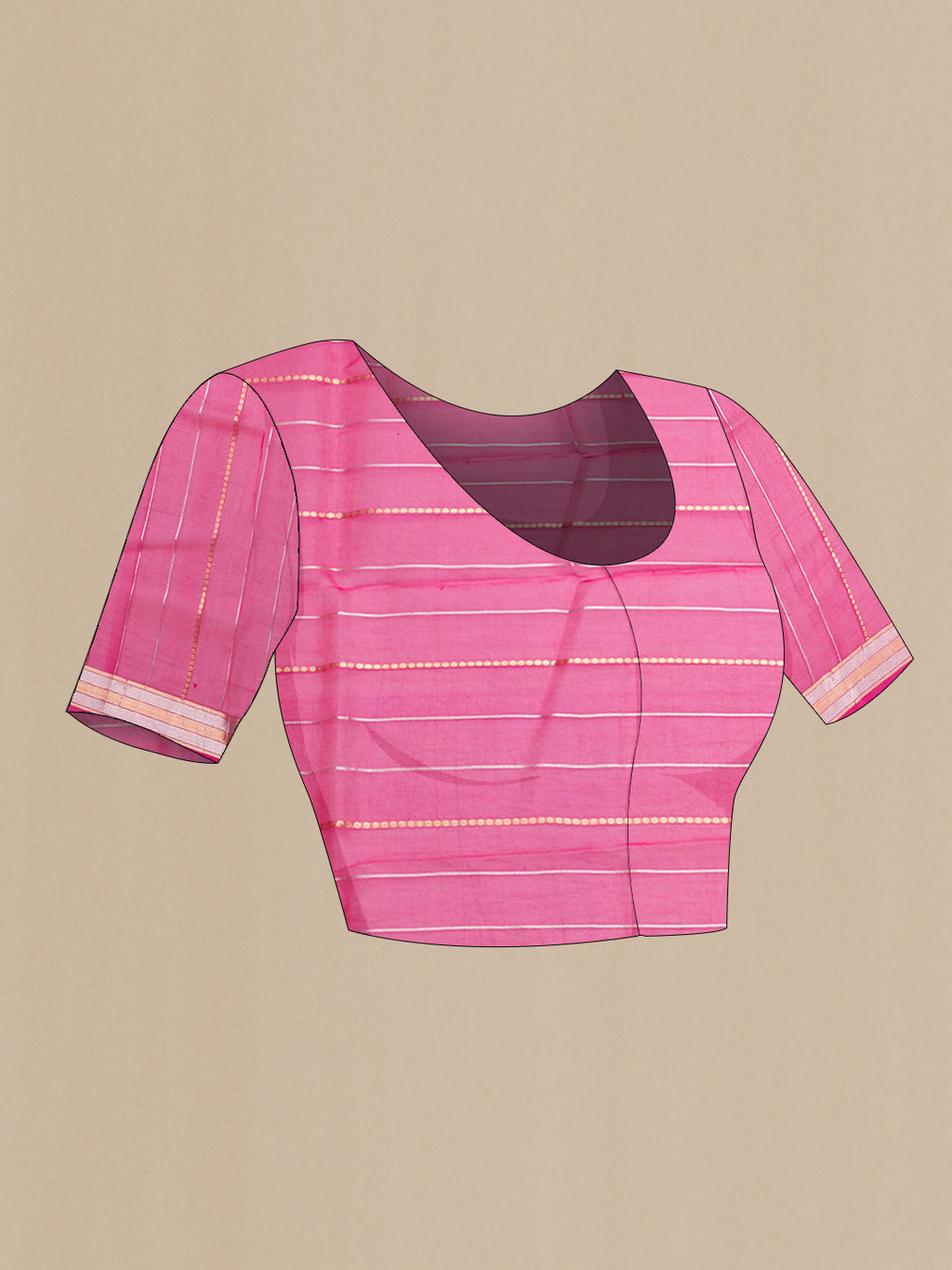 Close up image of the blouse of Pink Organza Silk Saree with Zari Butta on the body and Zari Border. 