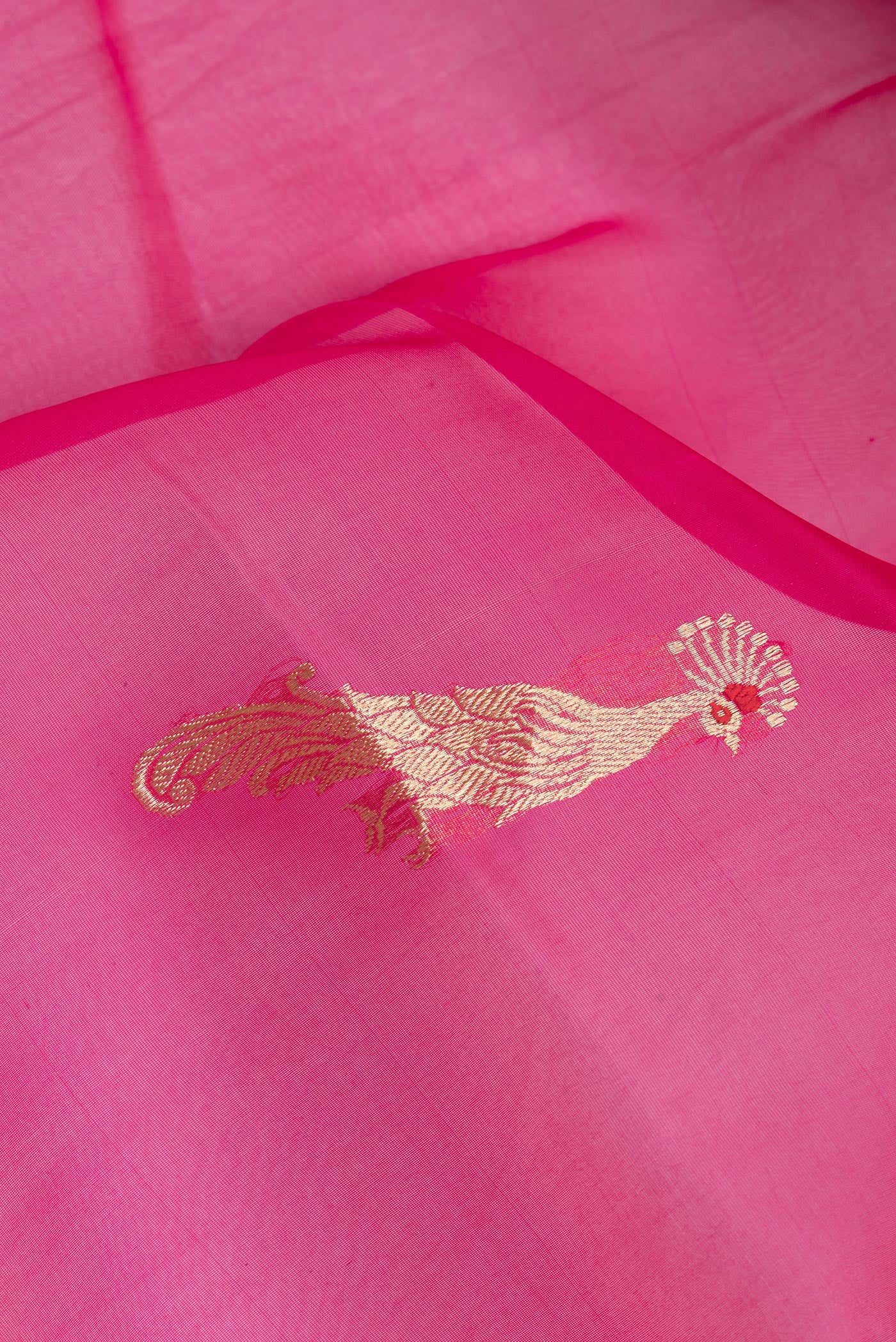 Close up of Pink Organza Silk Saree with Zari Butta on the body and Zari Border.  displaying folds