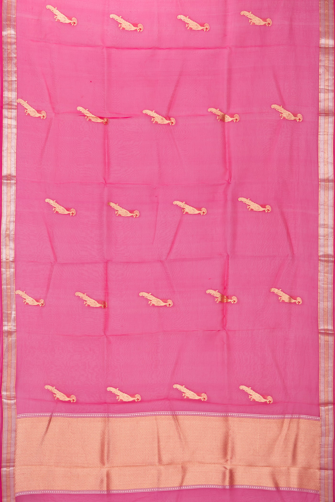 Flat view of Pink Organza Silk Saree with Zari Butta on the body and Zari Border. 