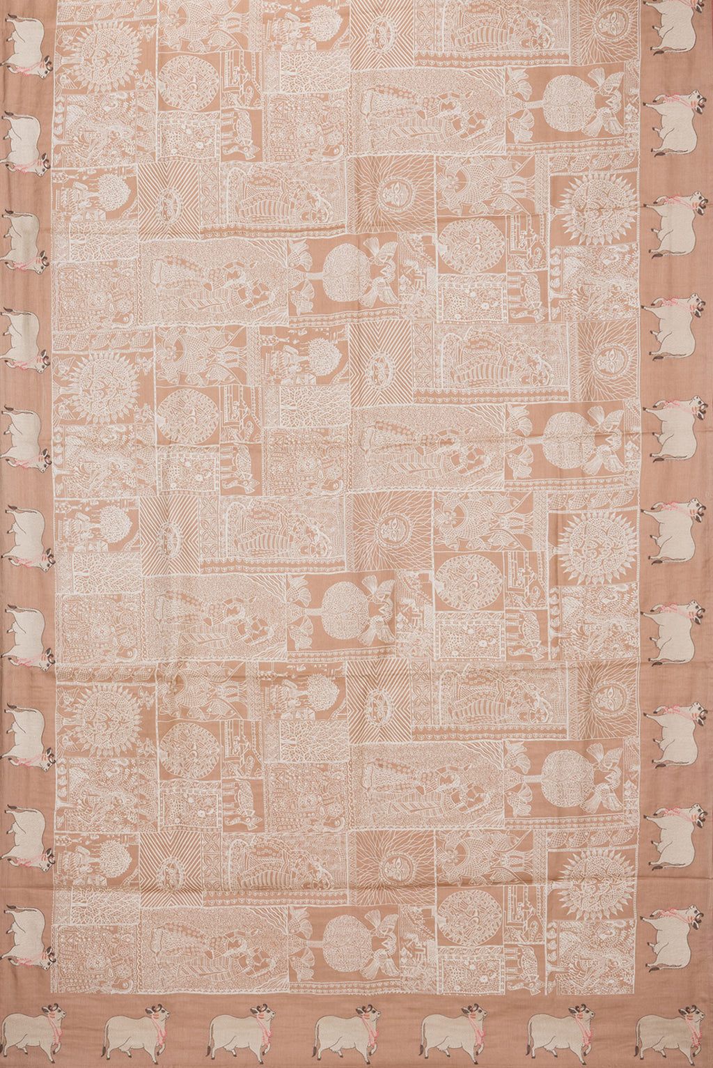 Flat view of Golden Peach Tussar Silk Saree with Printed design on the body and Fancy Border. 