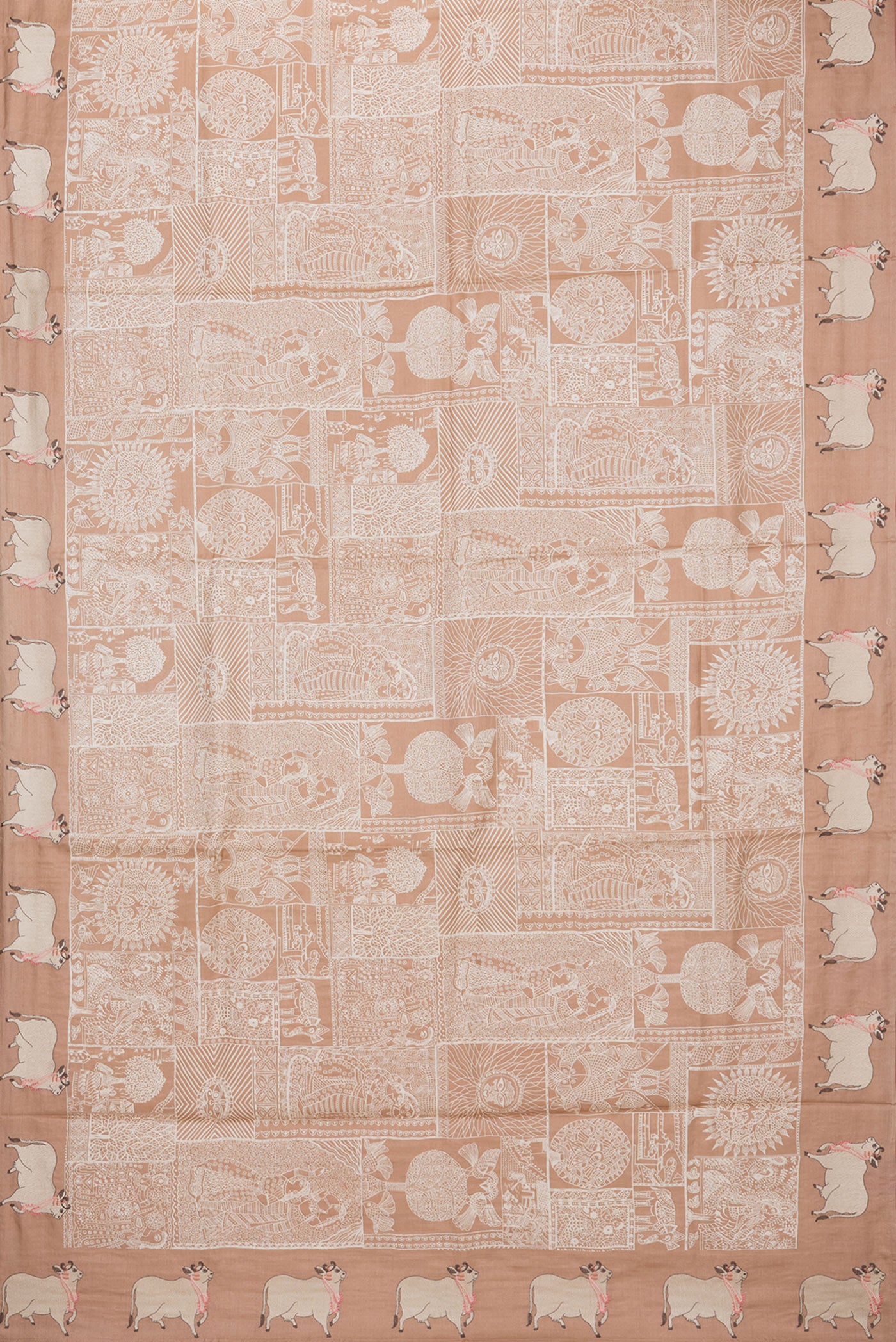 Flat view of Golden Peach Tussar Silk Saree with Printed design on the body and Fancy Border. 