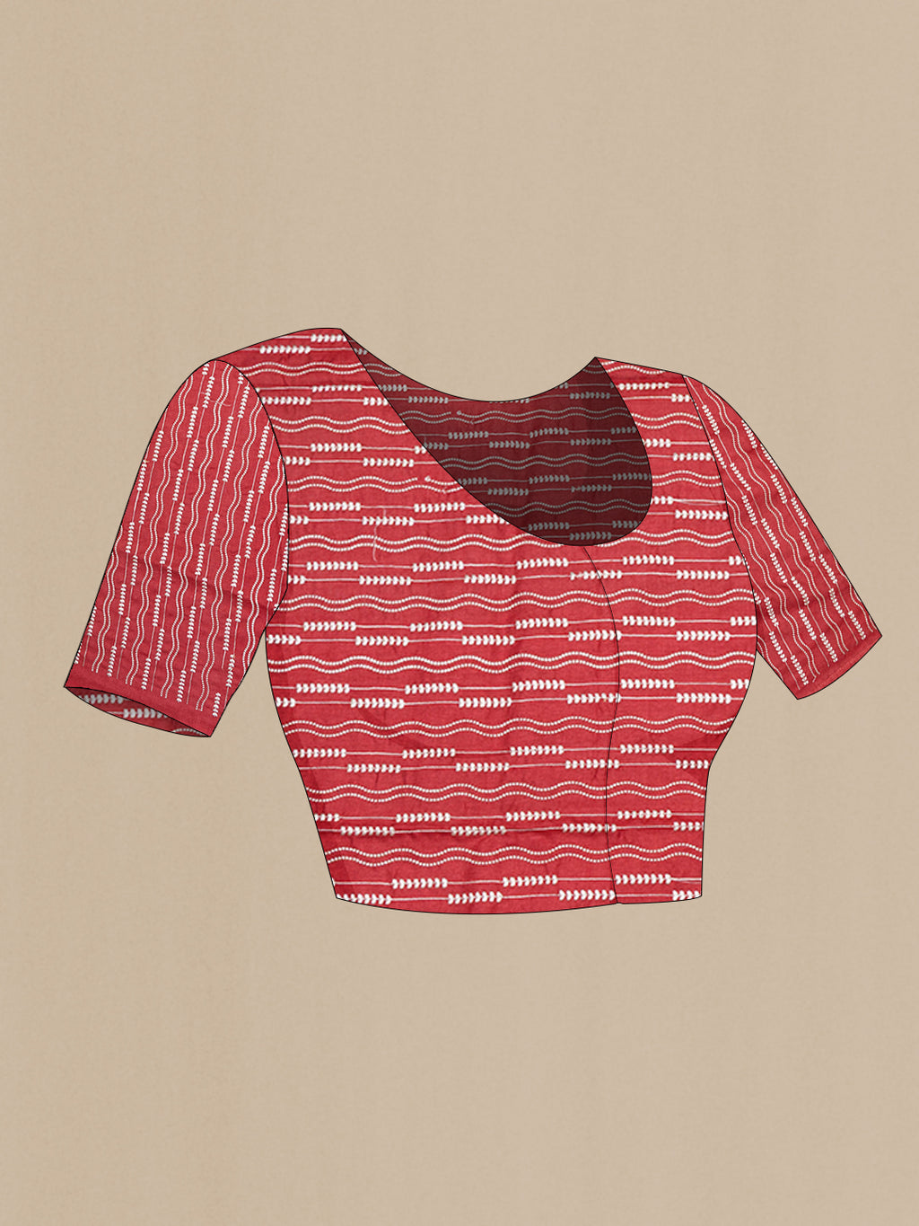 Close up image of the blouse of Red Tussar Silk Saree with Printed design on the body and Fancy Border. 