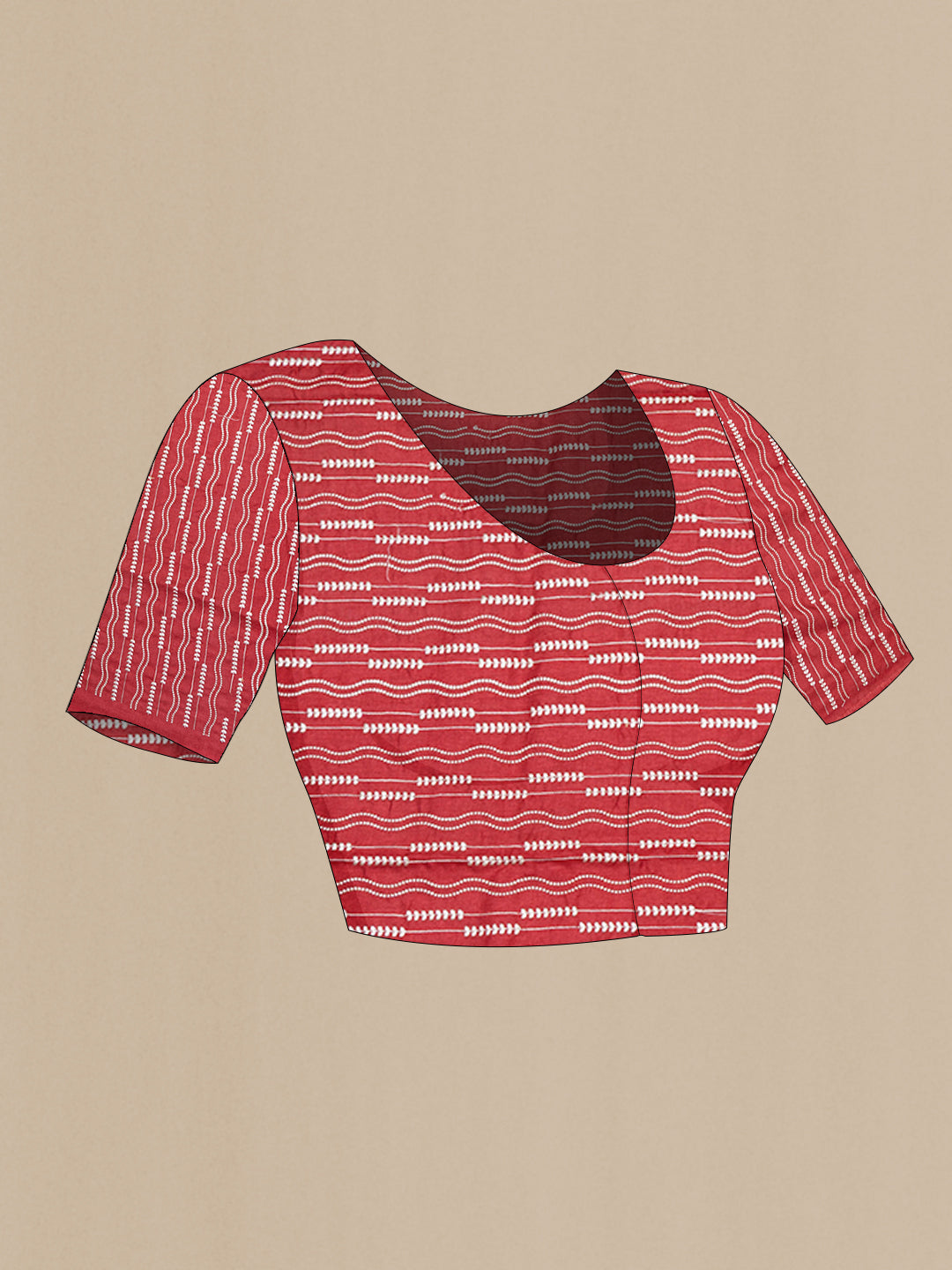 Close up image of the blouse of Red Tussar Silk Saree with Printed design on the body and Fancy Border. 