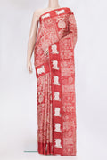 Red Tussar Silk Saree with Printed design on the body and Fancy Border.  displayed on a mannequin