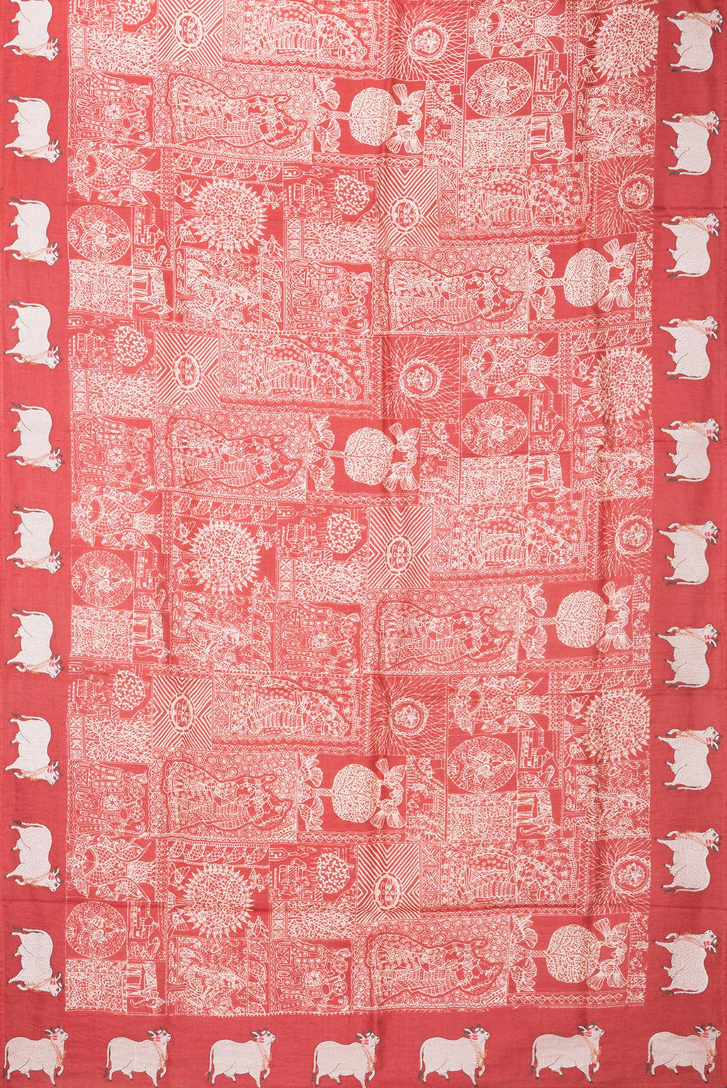 Flat view of Red Tussar Silk Saree with Printed design on the body and Fancy Border. 