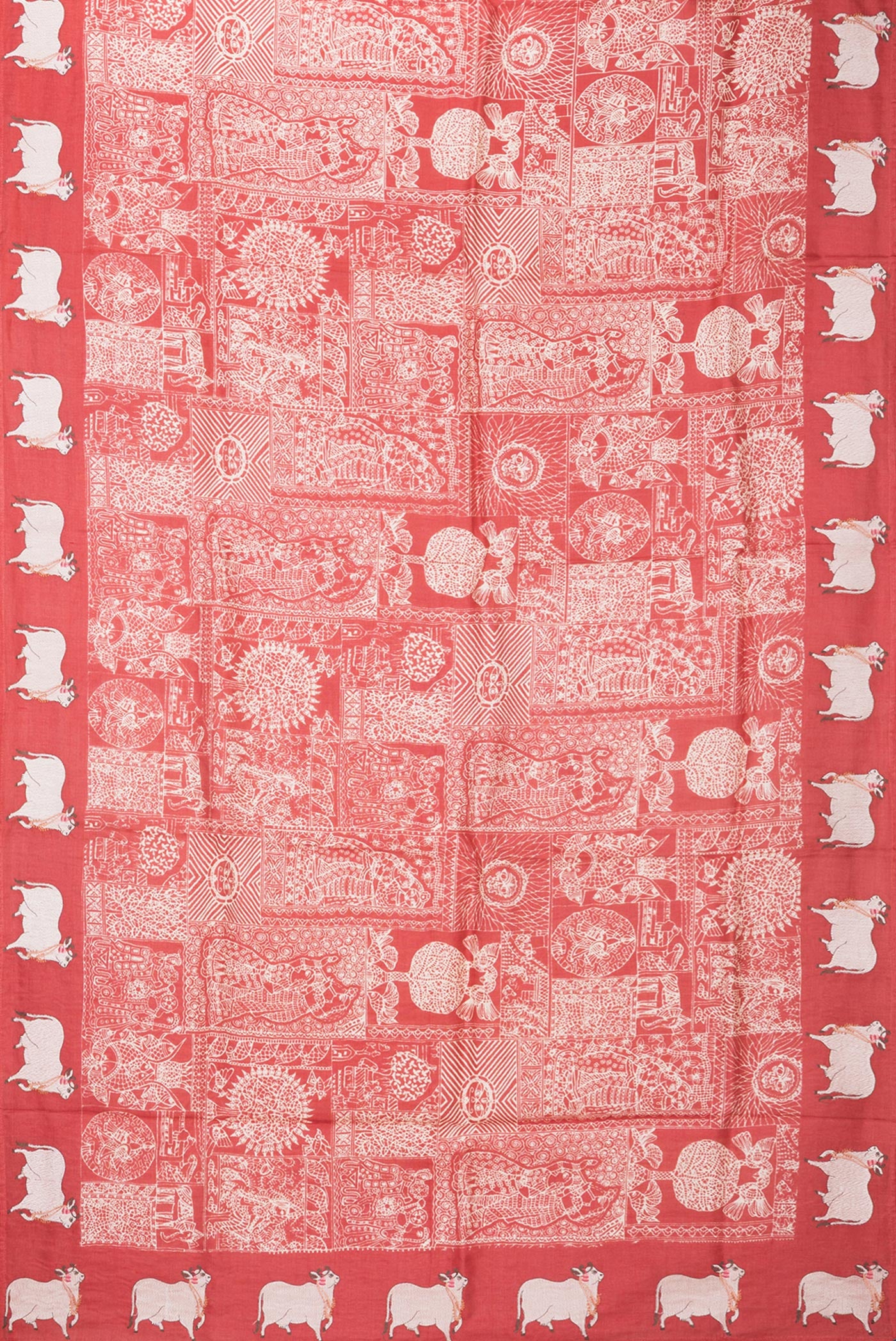 Flat view of Red Tussar Silk Saree with Printed design on the body and Fancy Border. 