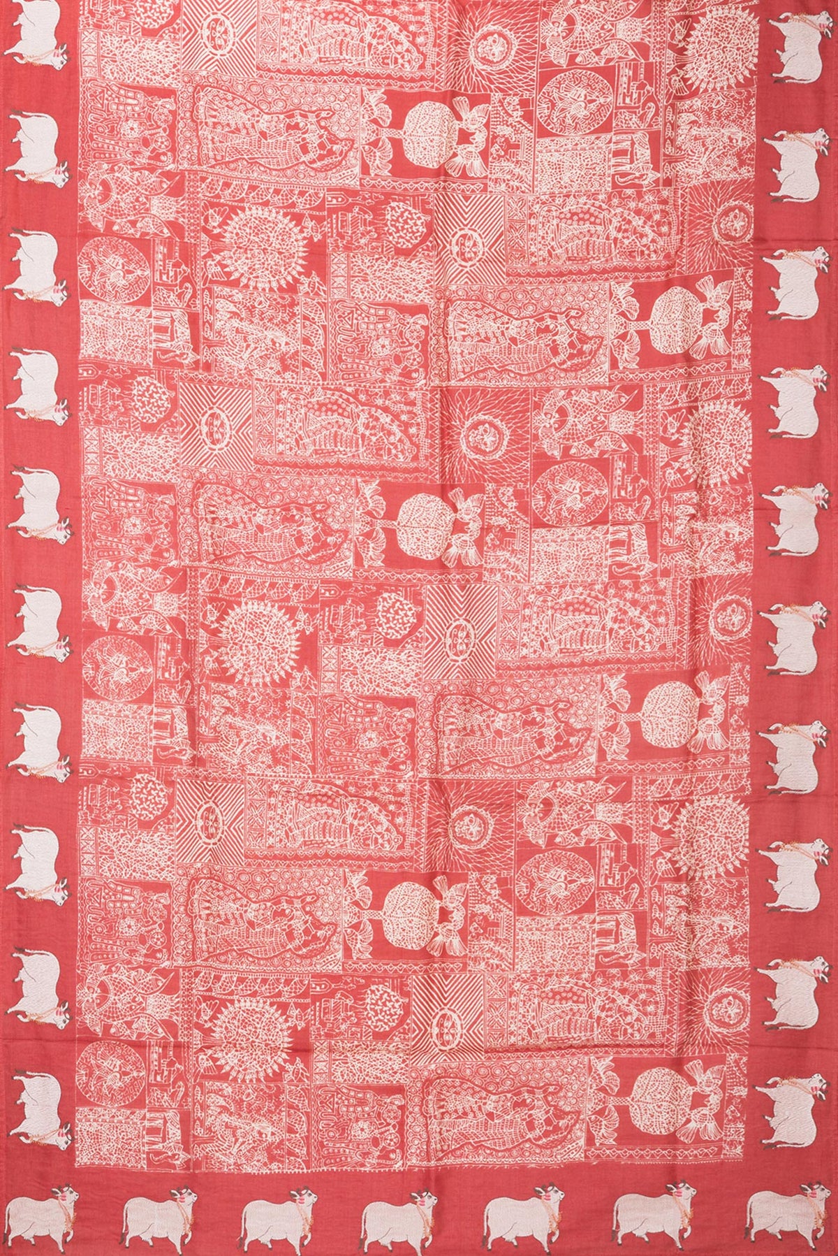 Flat view of Red Tussar Silk Saree with Printed design on the body and Fancy Border. 