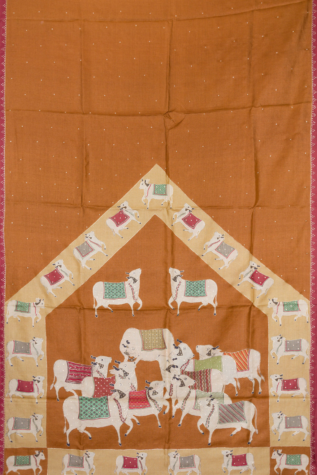 Flat view of Brick Orange Dual Tone Tussar Silk Saree with Embroidery on the body and Embroidery Border. 