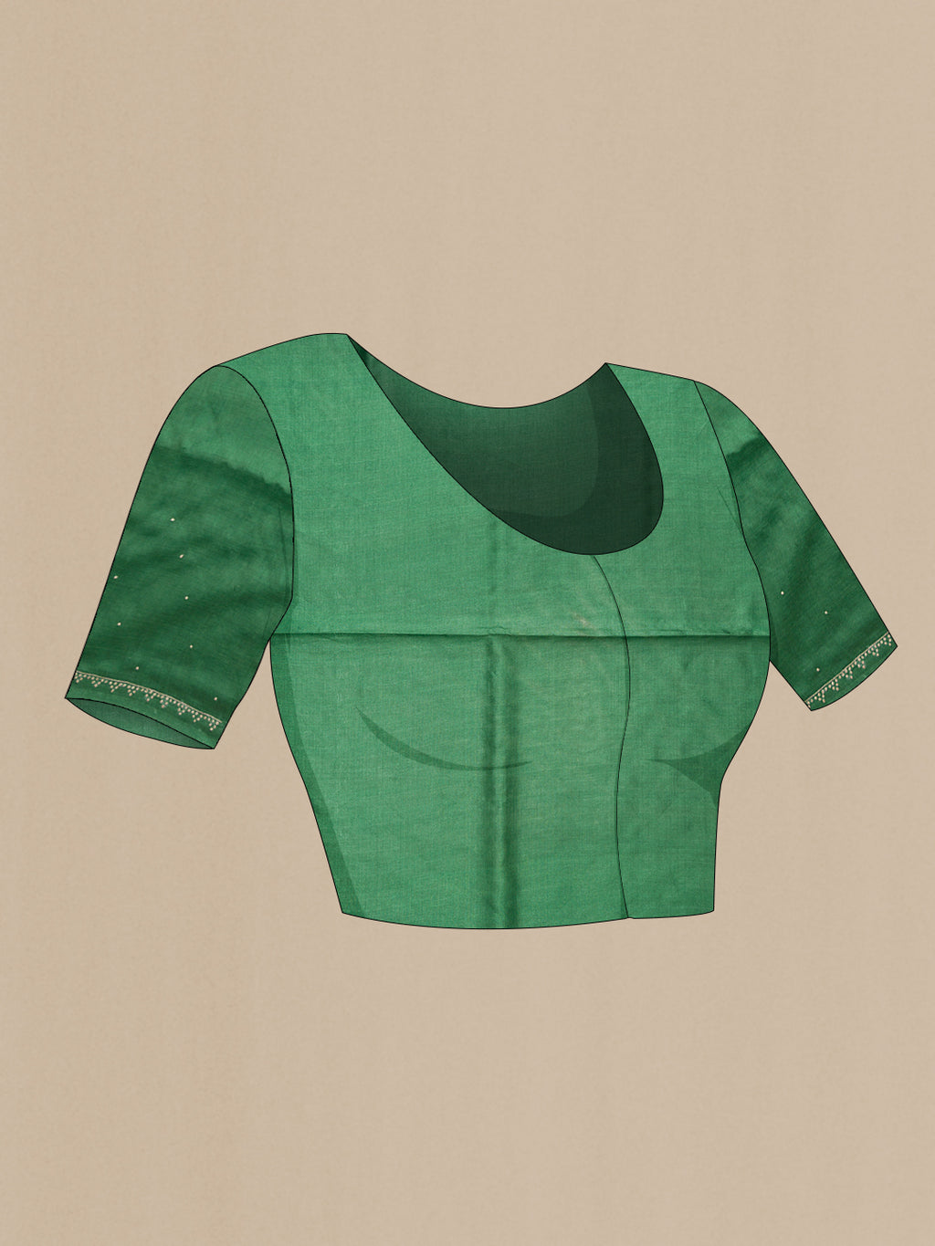Close up image of the blouse of Mehandi Green Dual Tone Tussar Silk Saree with Embroidery on the body and Embroidery Border. 