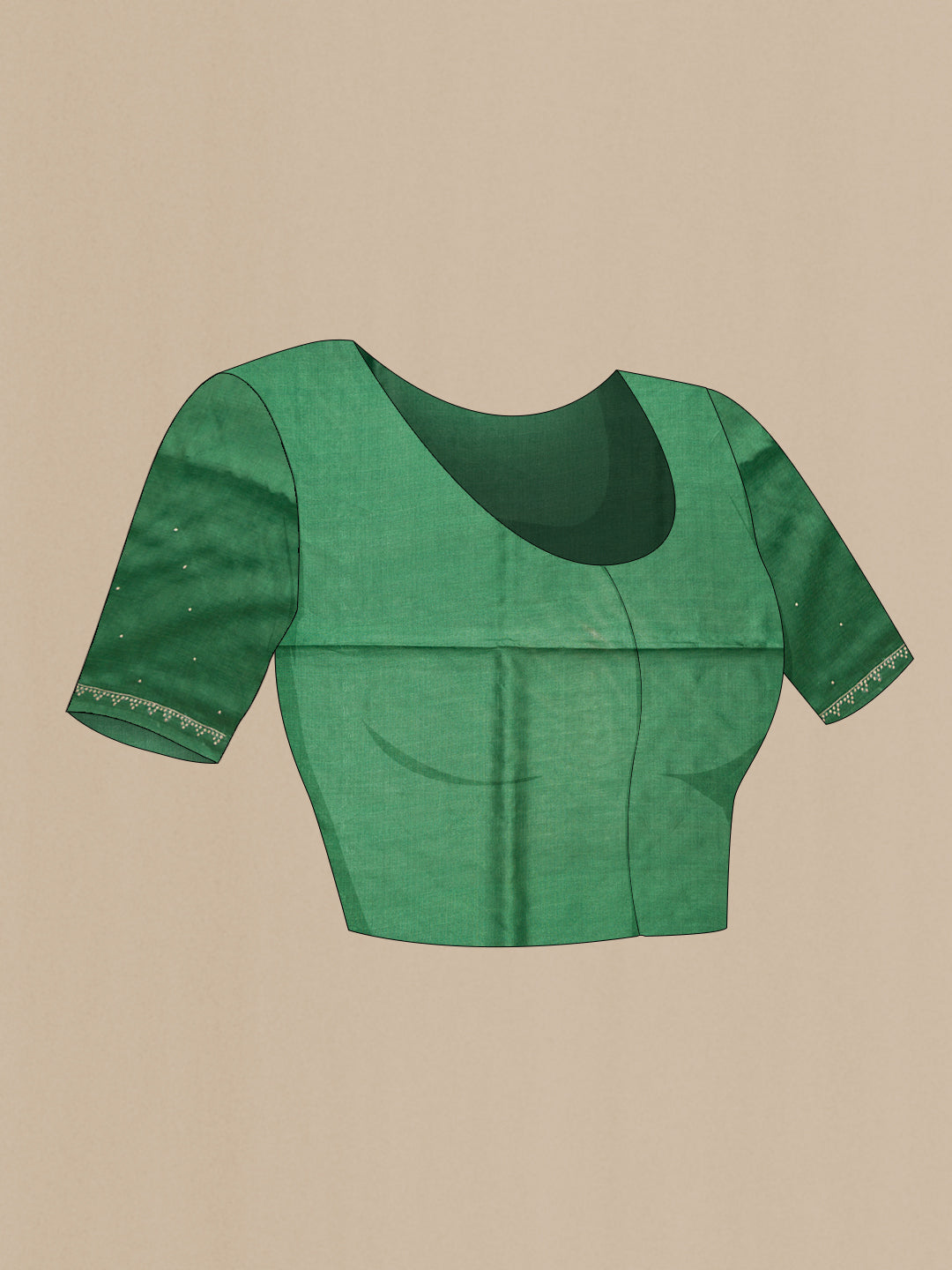 Close up image of the blouse of Mehandi Green Dual Tone Tussar Silk Saree with Embroidery on the body and Embroidery Border. 