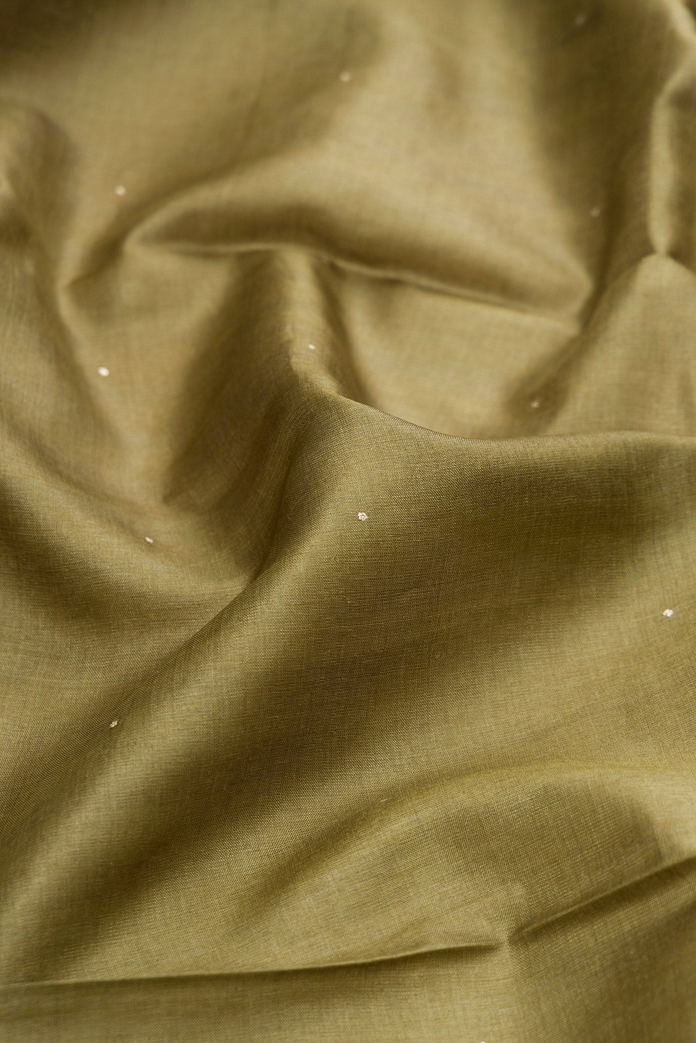 Close up of Mehandi Green Dual Tone Tussar Silk Saree with Embroidery on the body and Embroidery Border.  displaying folds