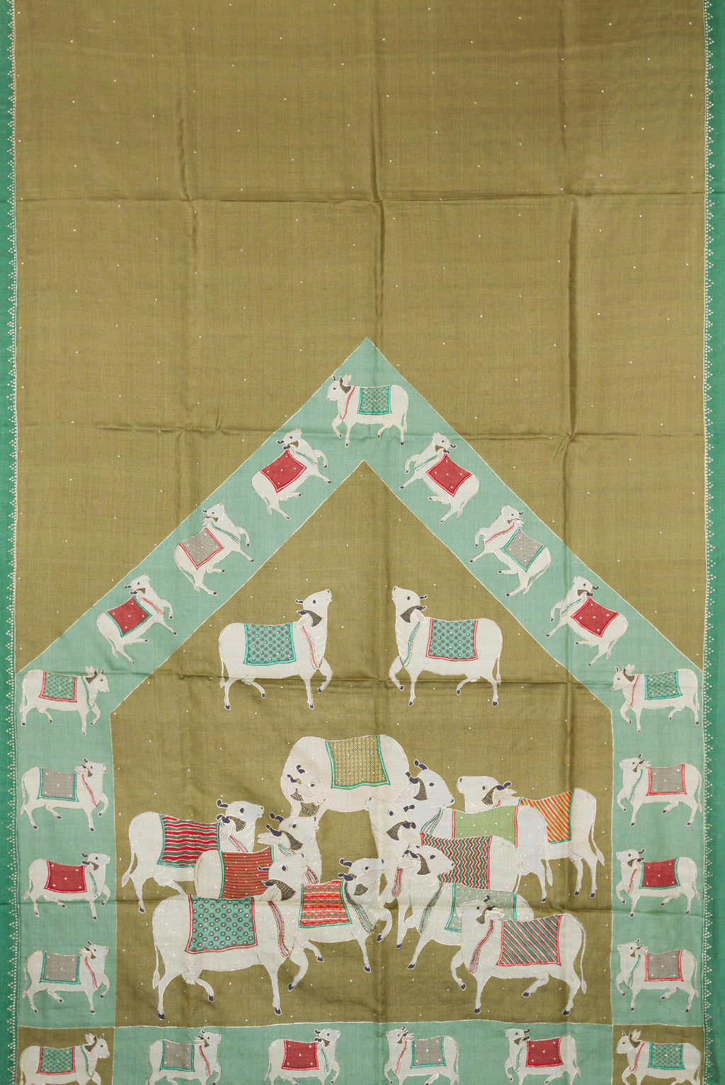 Flat view of Mehandi Green Dual Tone Tussar Silk Saree with Embroidery on the body and Embroidery Border. 