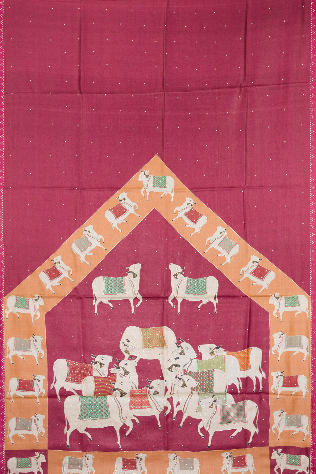 Flat view of Magenta Dual Tone Tussar Silk Saree with Embroidery on the body and Embroidery Border. 