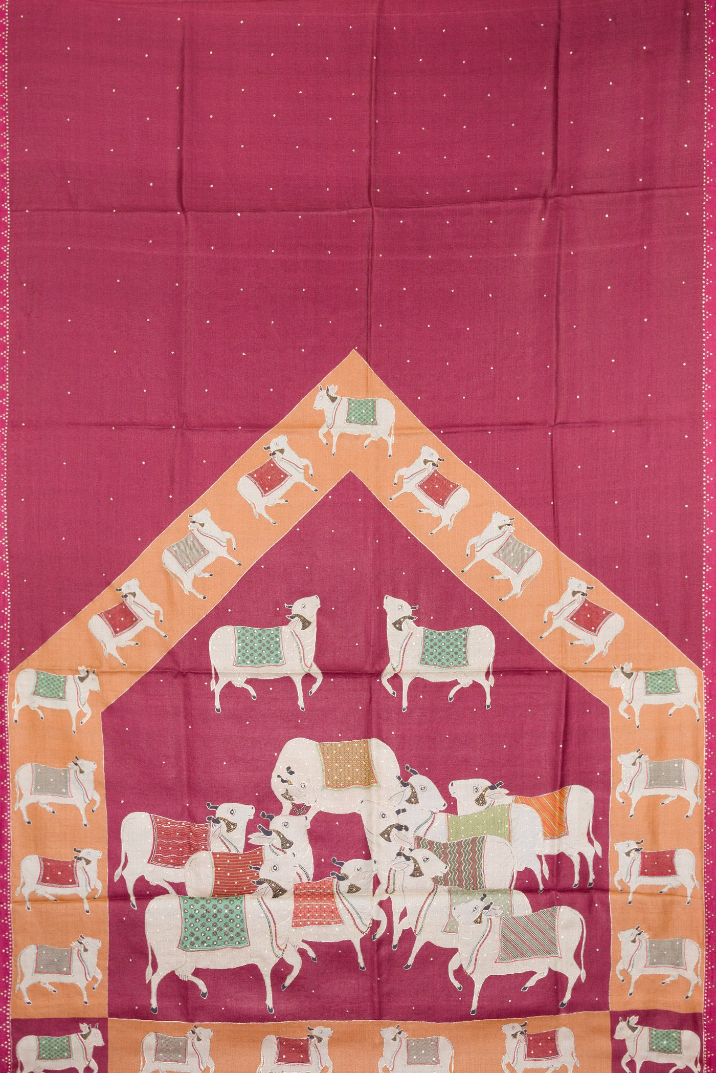 Flat view of Magenta Dual Tone Tussar Silk Saree with Embroidery on the body and Embroidery Border. 