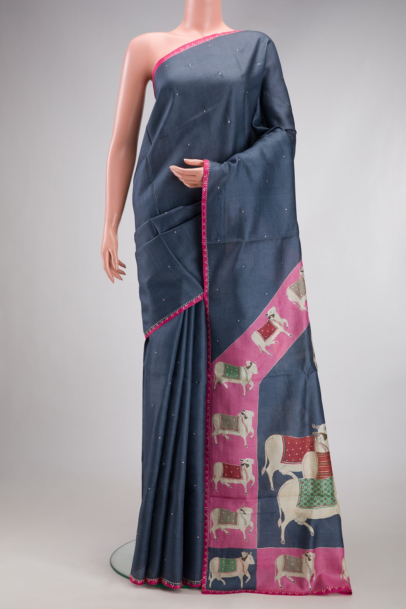 Grey Tussar Silk Saree with Embroidery on the body and Embroidery Border.  displayed on a mannequin