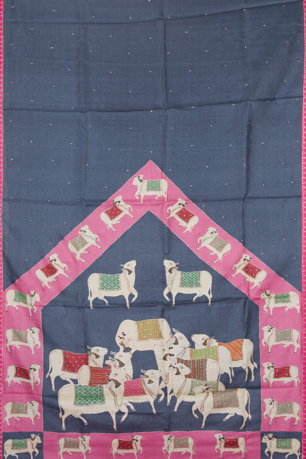 Flat view of Grey Tussar Silk Saree with Embroidery on the body and Embroidery Border. 