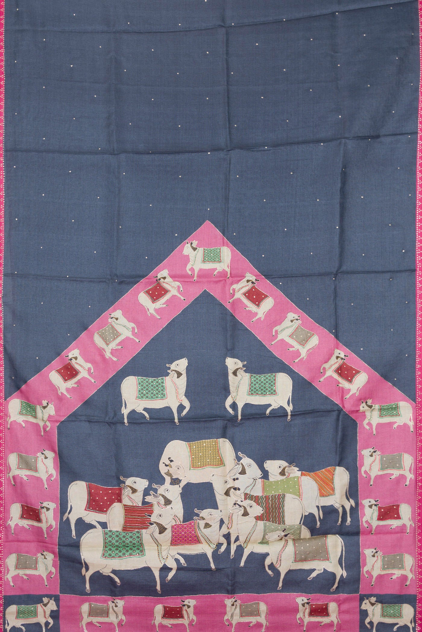 Flat view of Grey Tussar Silk Saree with Embroidery on the body and Embroidery Border. 