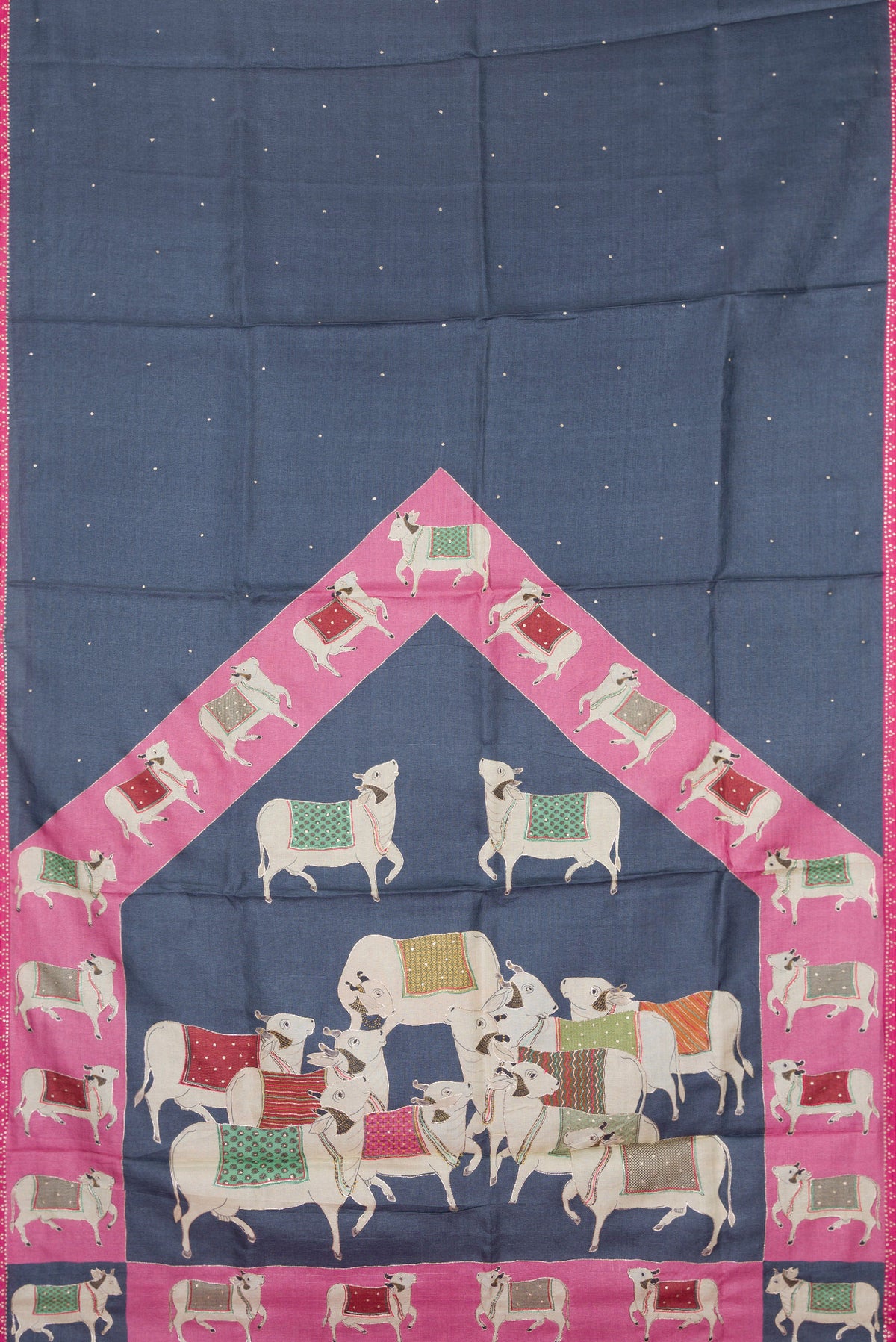 Flat view of Grey Tussar Silk Saree with Embroidery on the body and Embroidery Border. 