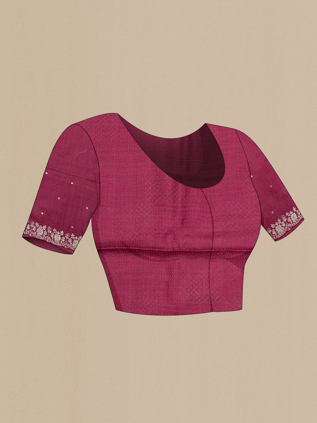 Close up image of the blouse of Maroon Tussar Silk Saree with Embroidery on the body and Embroidery Border. 