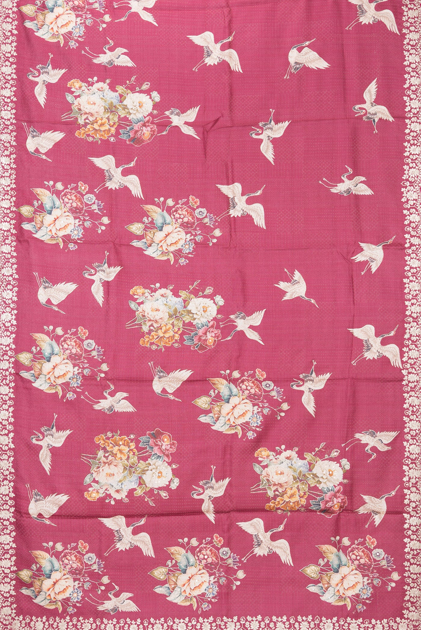 Flat view of Maroon Tussar Silk Saree with Embroidery on the body and Embroidery Border. 