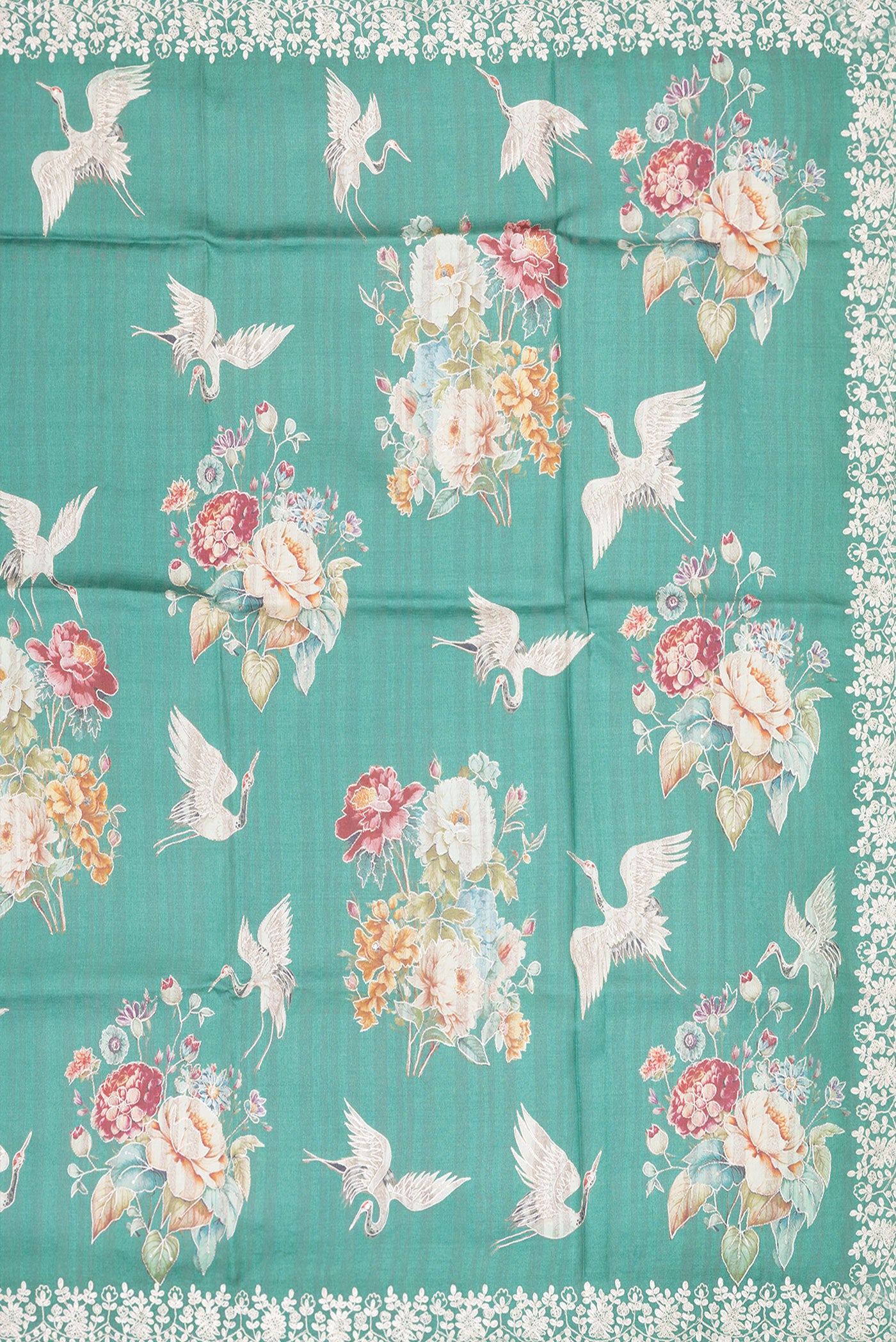 Close up image of the pallu of Green Tussar Silk Saree with Embroidery on the body and Embroidery Border. 