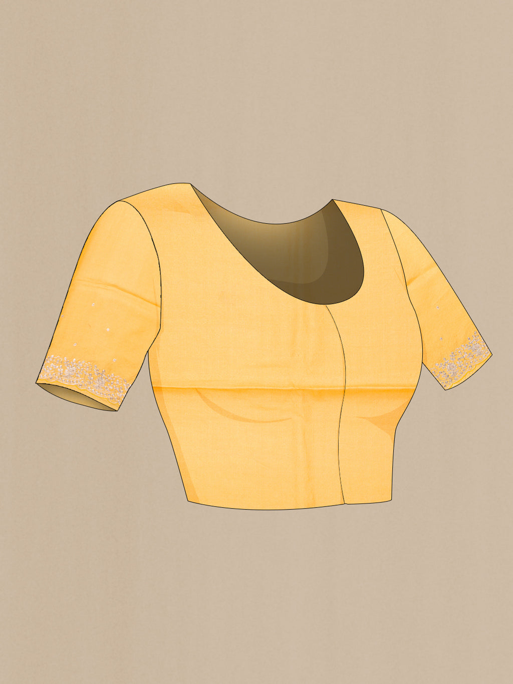 Close up image of the blouse of Yellow Tussar Silk Saree with Embroidery on the body and Fancy Border. 