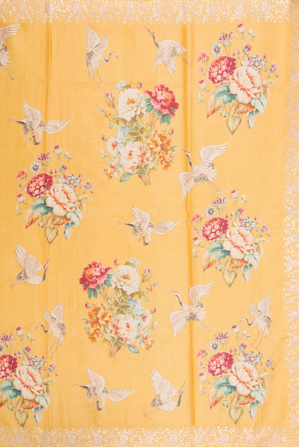 Close up image of the pallu of Yellow Tussar Silk Saree with Embroidery on the body and Fancy Border. 