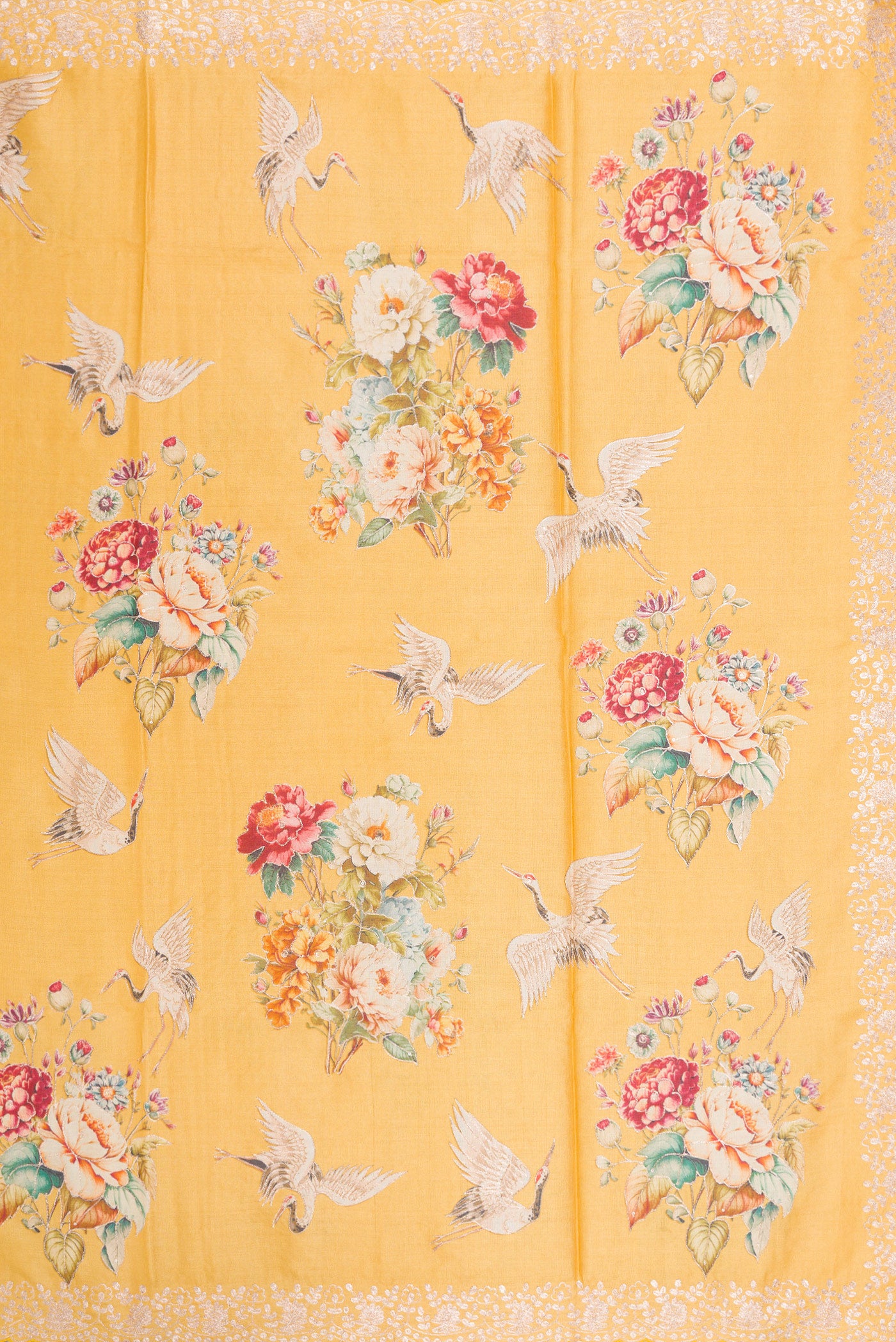 Close up image of the pallu of Yellow Tussar Silk Saree with Embroidery on the body and Fancy Border. 