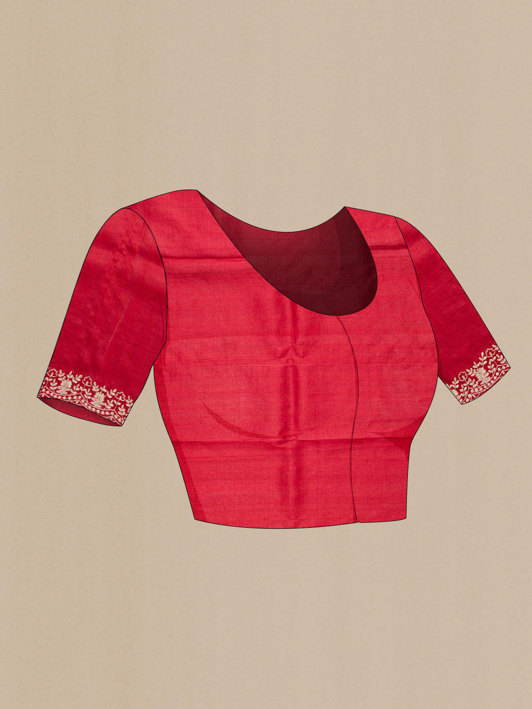Close up image of the blouse of Maroon Tussar Silk Saree with Embroidery on the body and Fancy Border. 