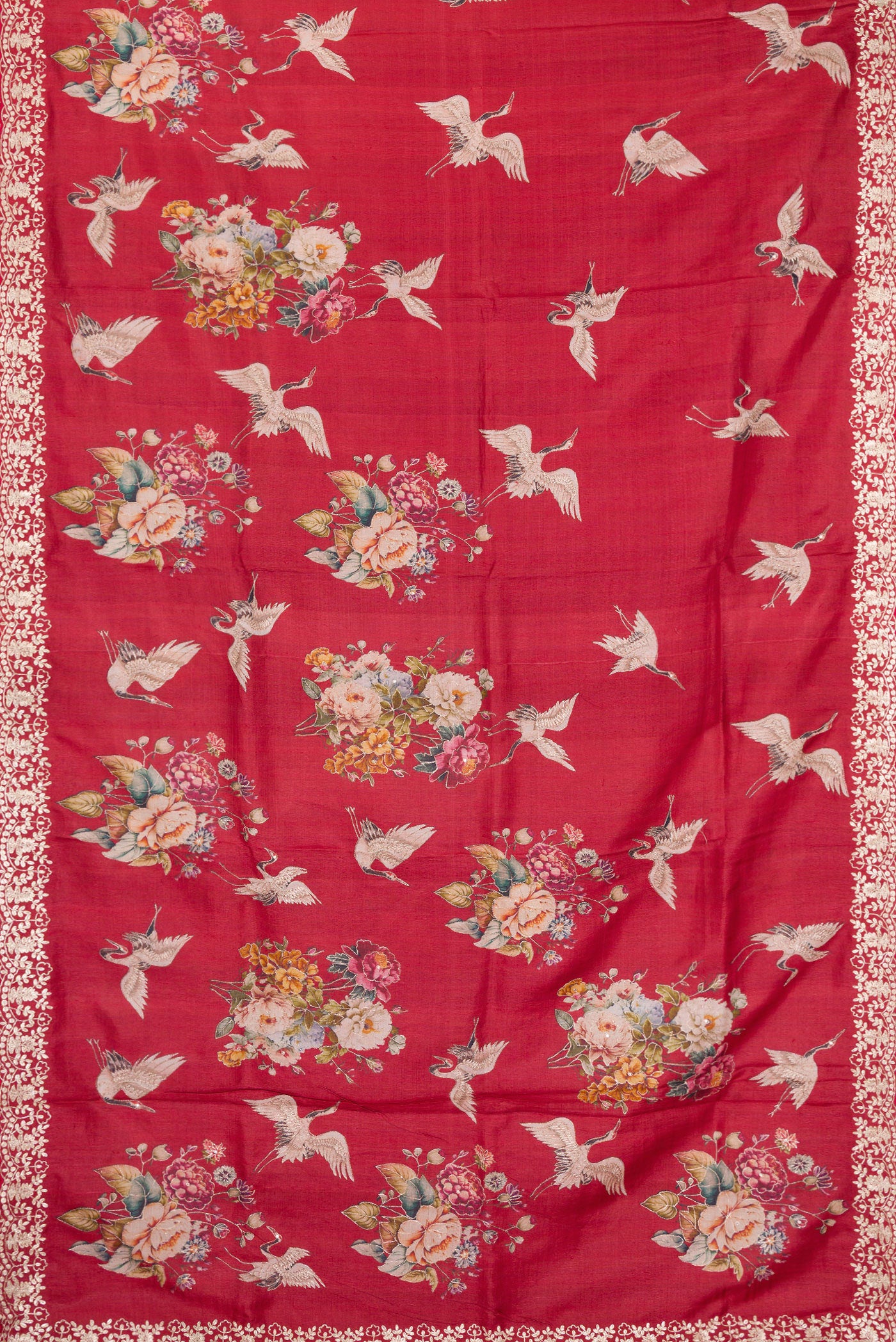 Flat view of Maroon Tussar Silk Saree with Embroidery on the body and Fancy Border. 