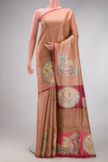 Beige Tussar Silk Saree with Checked design on the body and Embroidery Border.  displayed on a mannequin