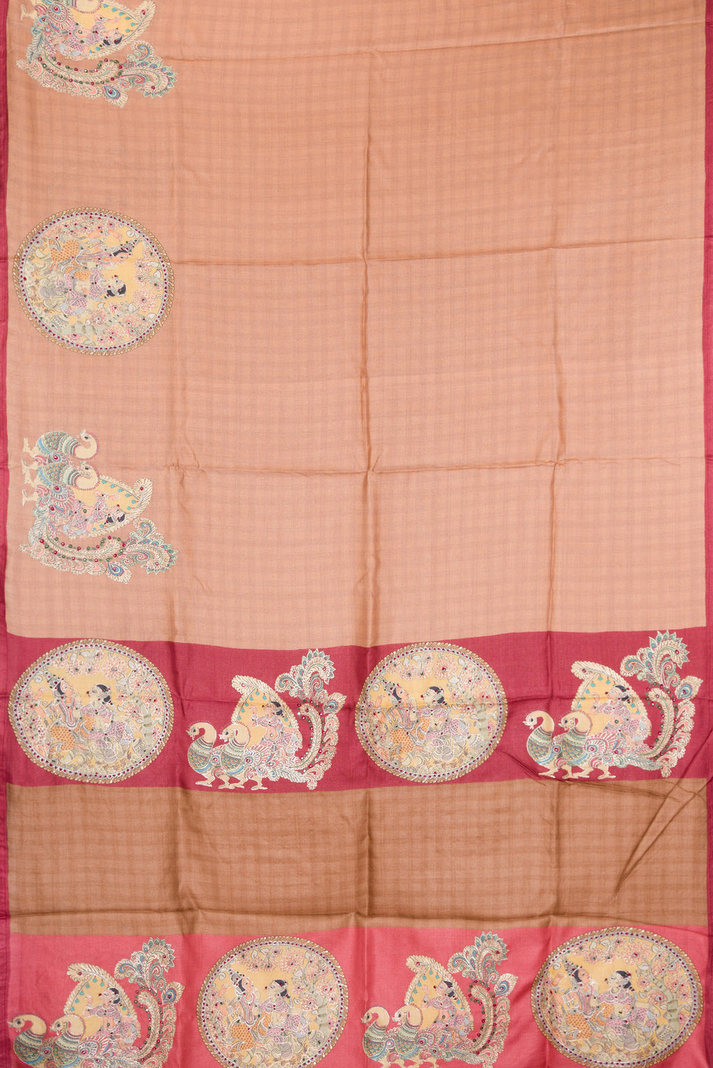 Flat view of Beige Tussar Silk Saree with Checked design on the body and Embroidery Border. 