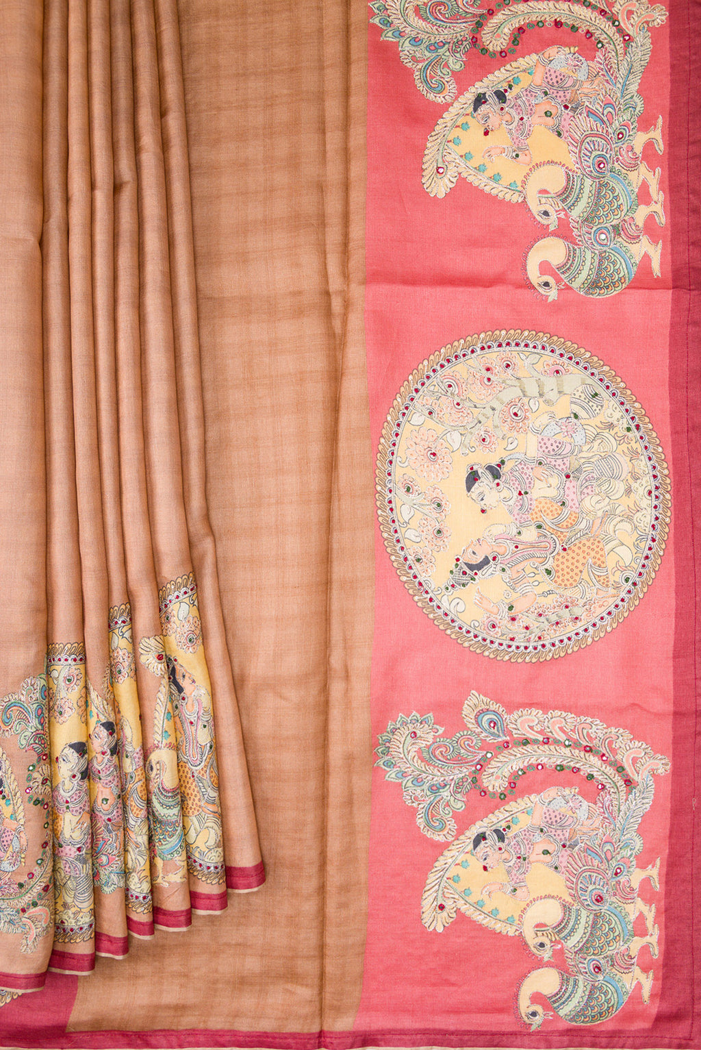 Pleats and pallu of Beige Tussar Silk Saree with Checked design on the body and Embroidery Border. 