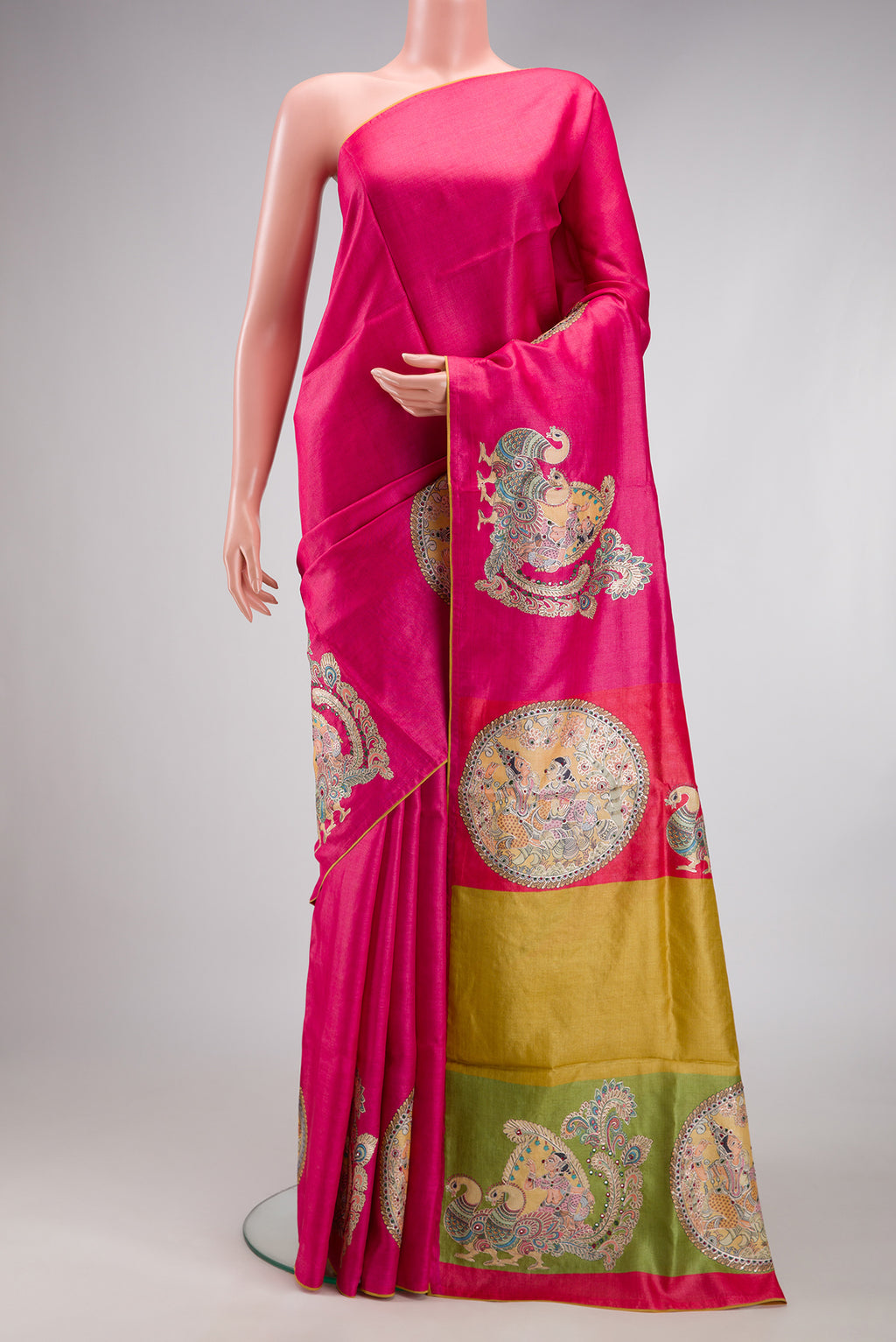 Pink Tussar Silk Saree with Plain Body and Embroidery Border.  displayed on a mannequin