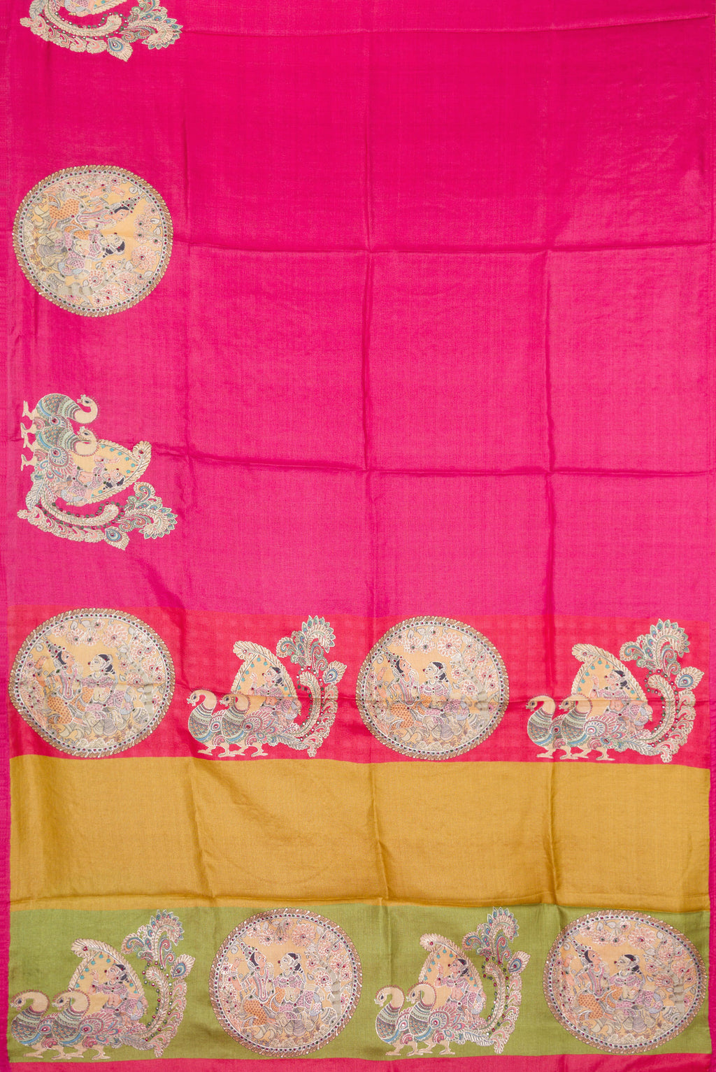 Flat view of Pink Tussar Silk Saree with Plain Body and Embroidery Border. 