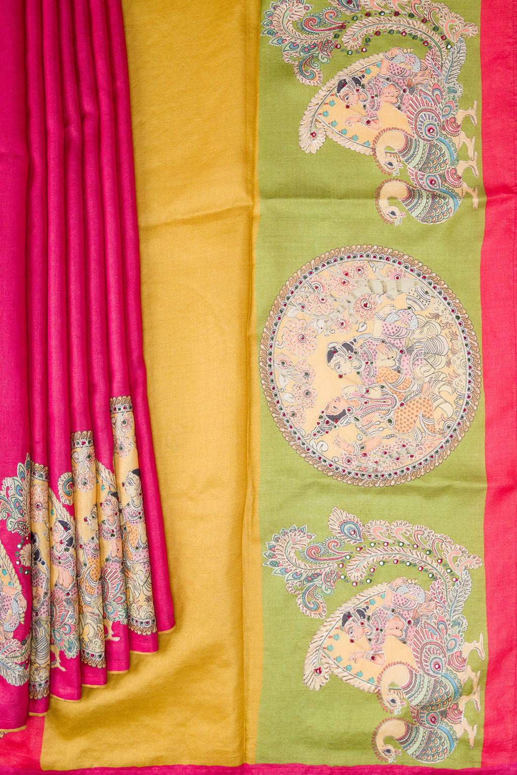 Pleats and pallu of Pink Tussar Silk Saree with Plain Body and Embroidery Border. 