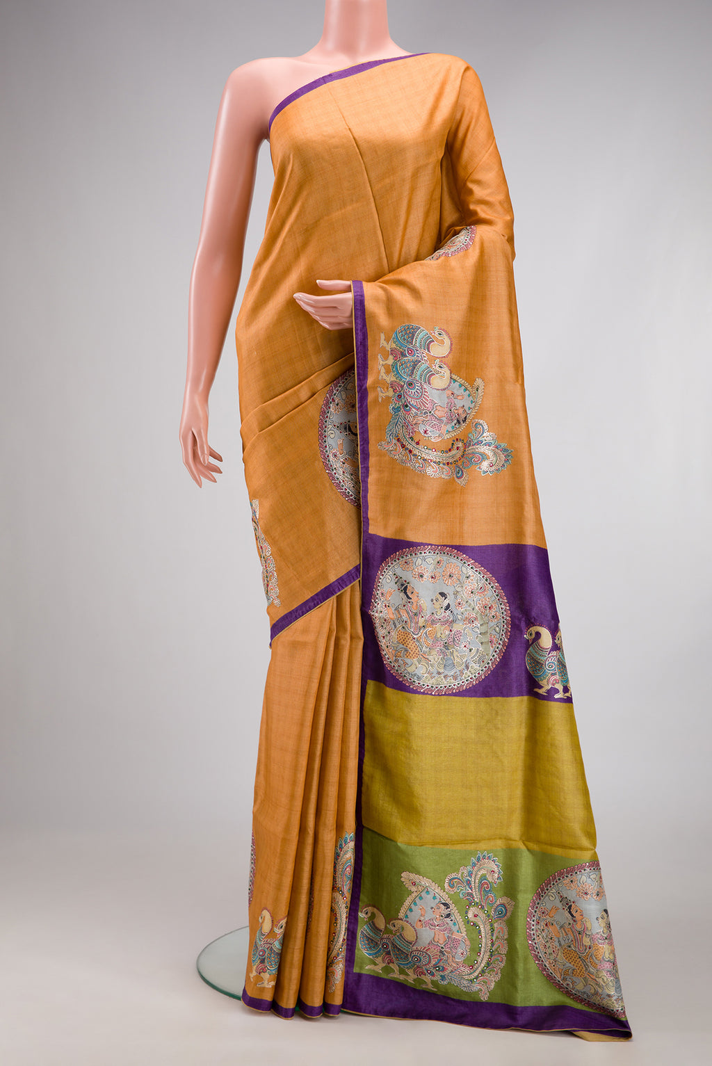 Sandal Tussar Silk Saree with Checked design on the body and Embroidery Border.  displayed on a mannequin