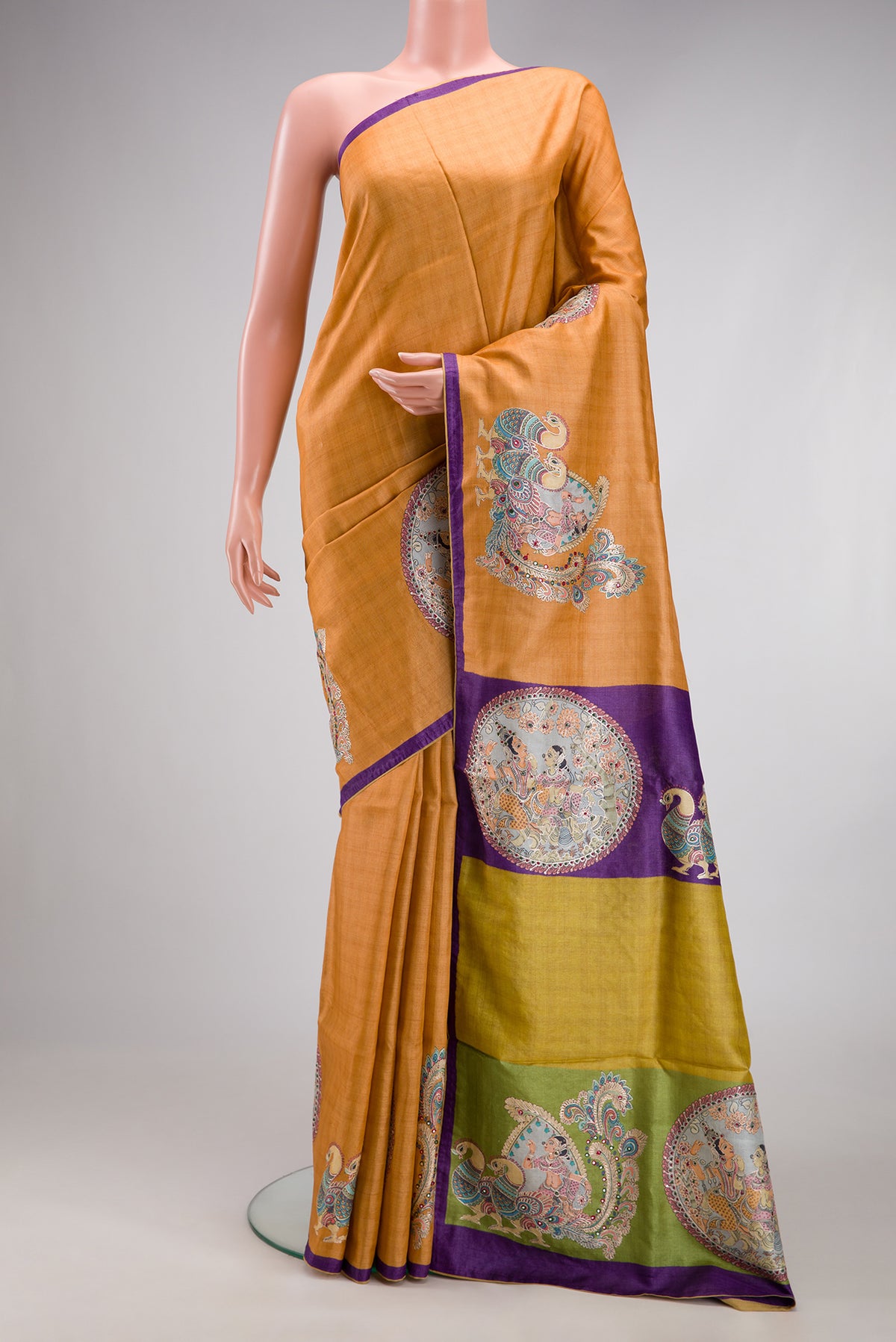 Sandal Tussar Silk Saree with Checked design on the body and Embroidery Border.  displayed on a mannequin