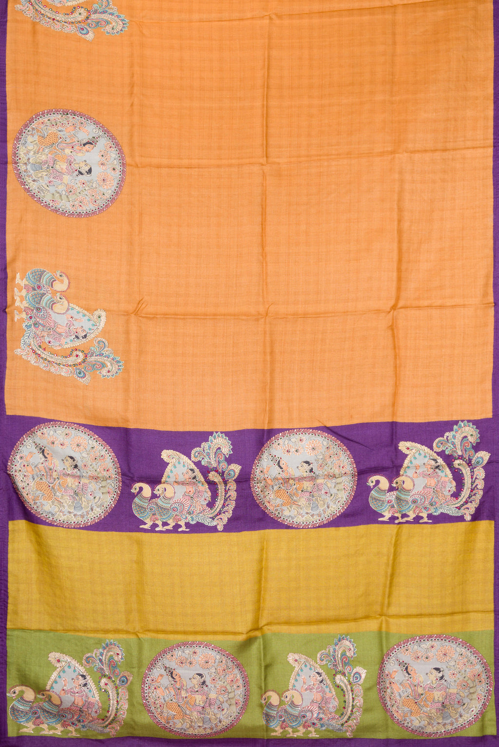 Flat view of Sandal Tussar Silk Saree with Checked design on the body and Embroidery Border. 
