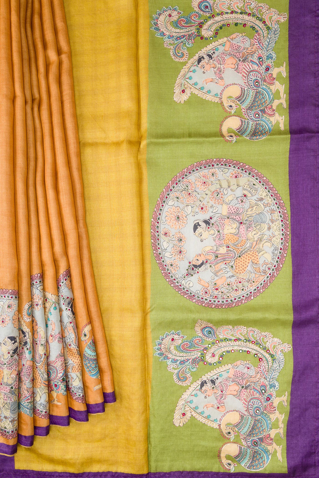 Pleats and pallu of Sandal Tussar Silk Saree with Checked design on the body and Embroidery Border. 