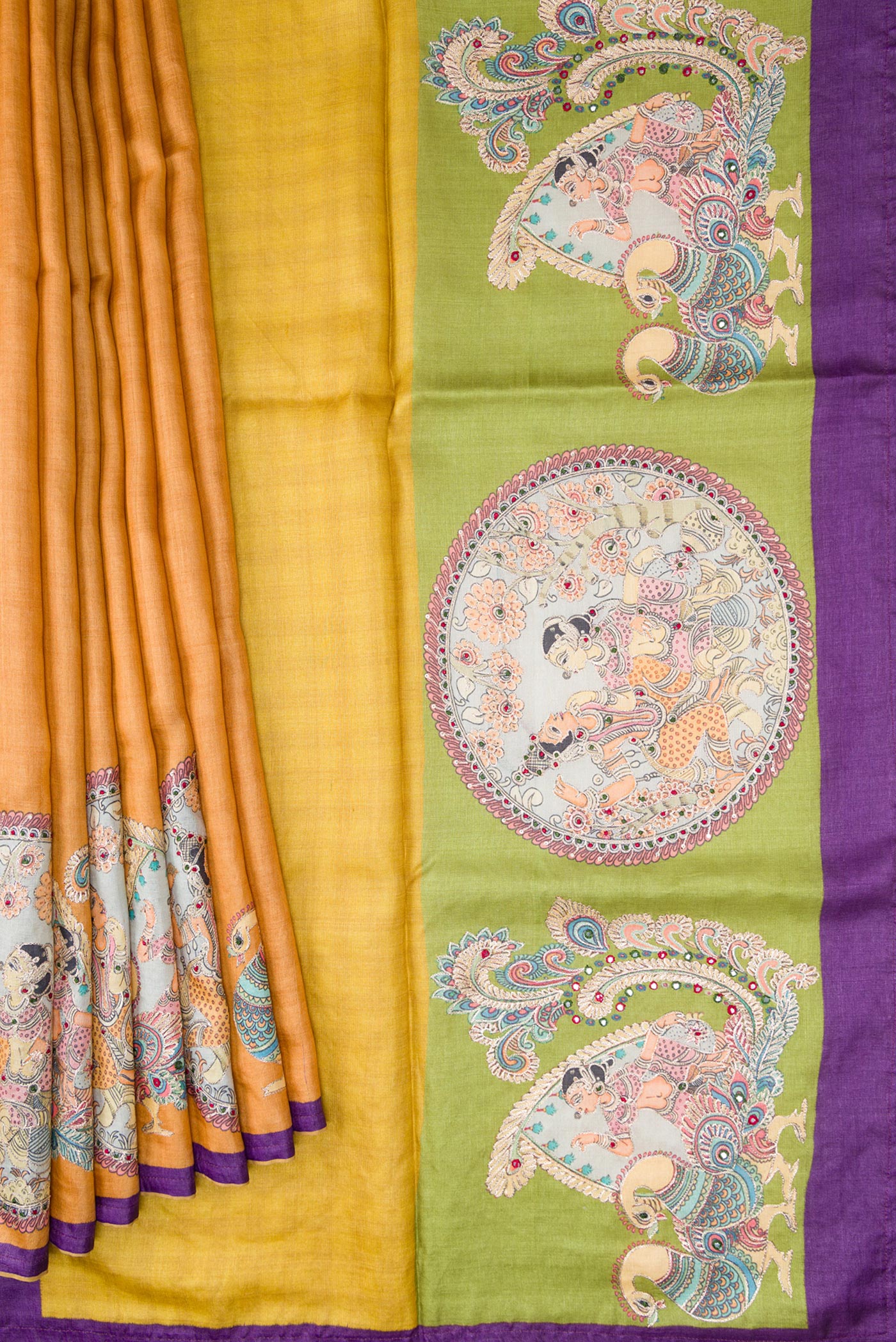 Pleats and pallu of Sandal Tussar Silk Saree with Checked design on the body and Embroidery Border. 