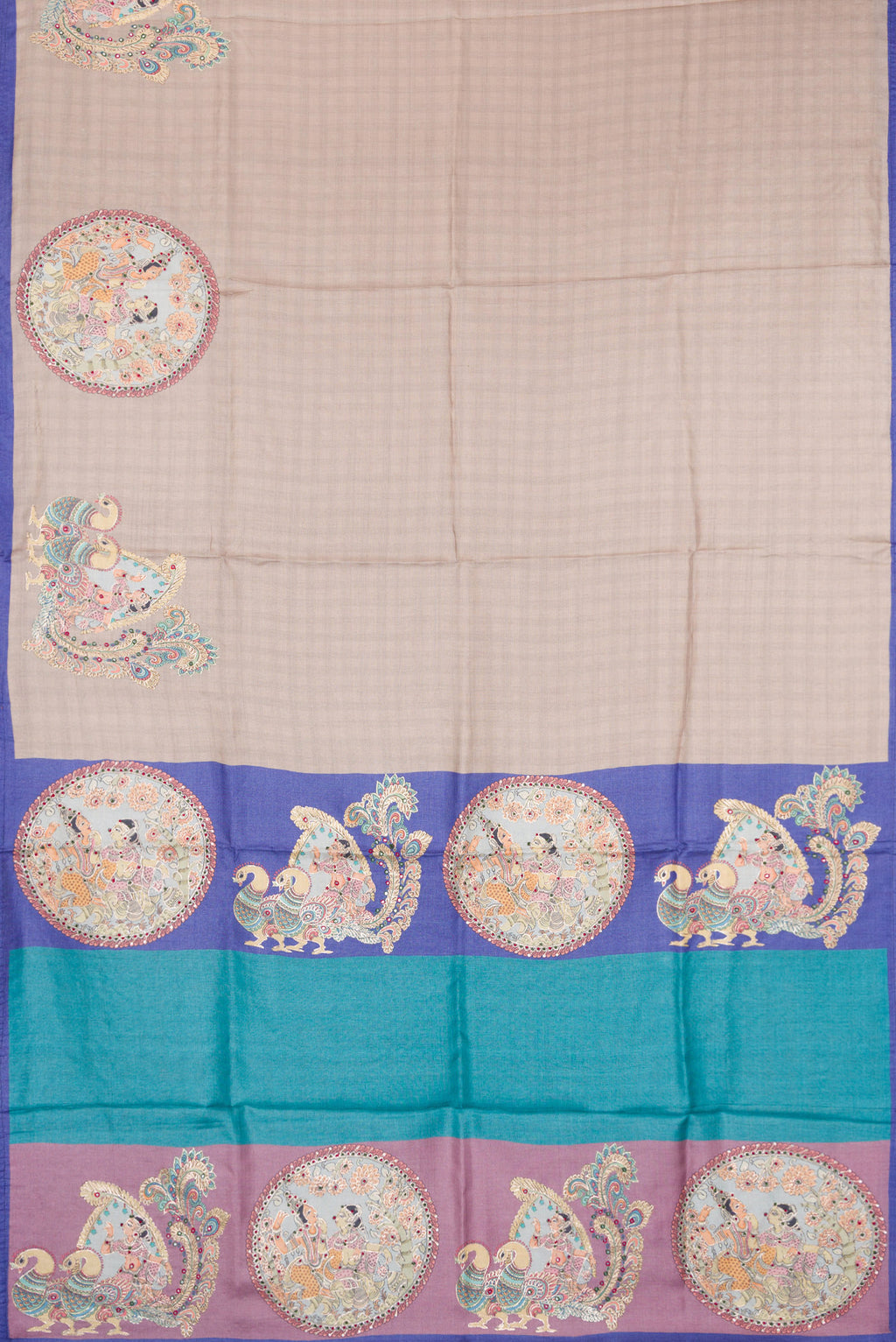 Flat view of Beige Tussar Silk Saree with Checked design on the body and Plain Border. 
