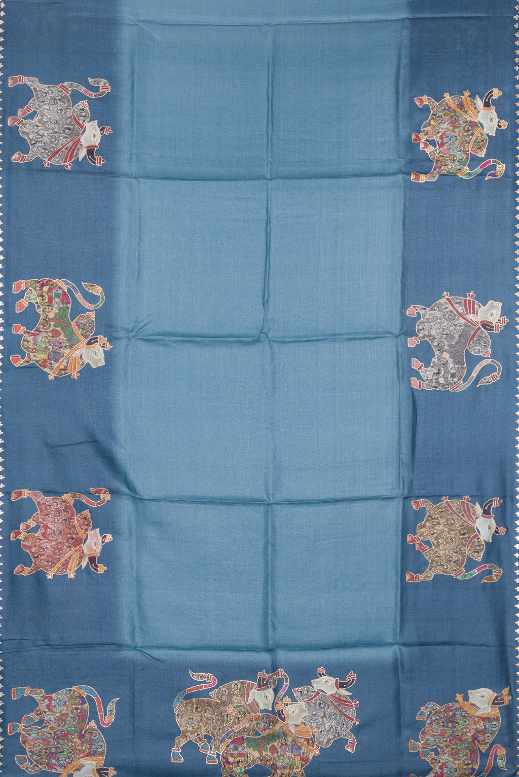 Flat view of Blue Grey Tussar Silk Saree with Plain Body and Fancy Border. 