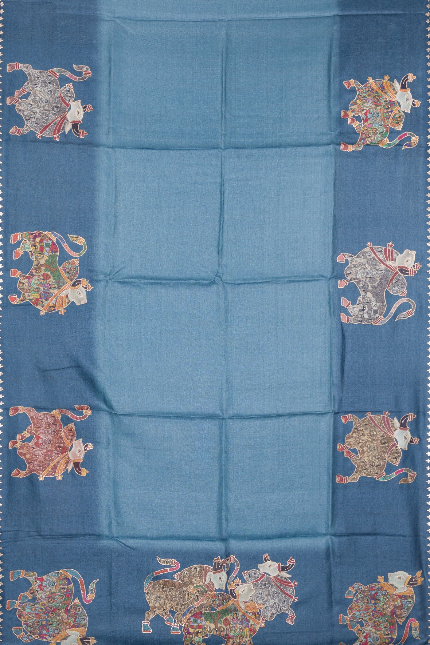 Flat view of Blue Grey Tussar Silk Saree with Plain Body and Fancy Border. 
